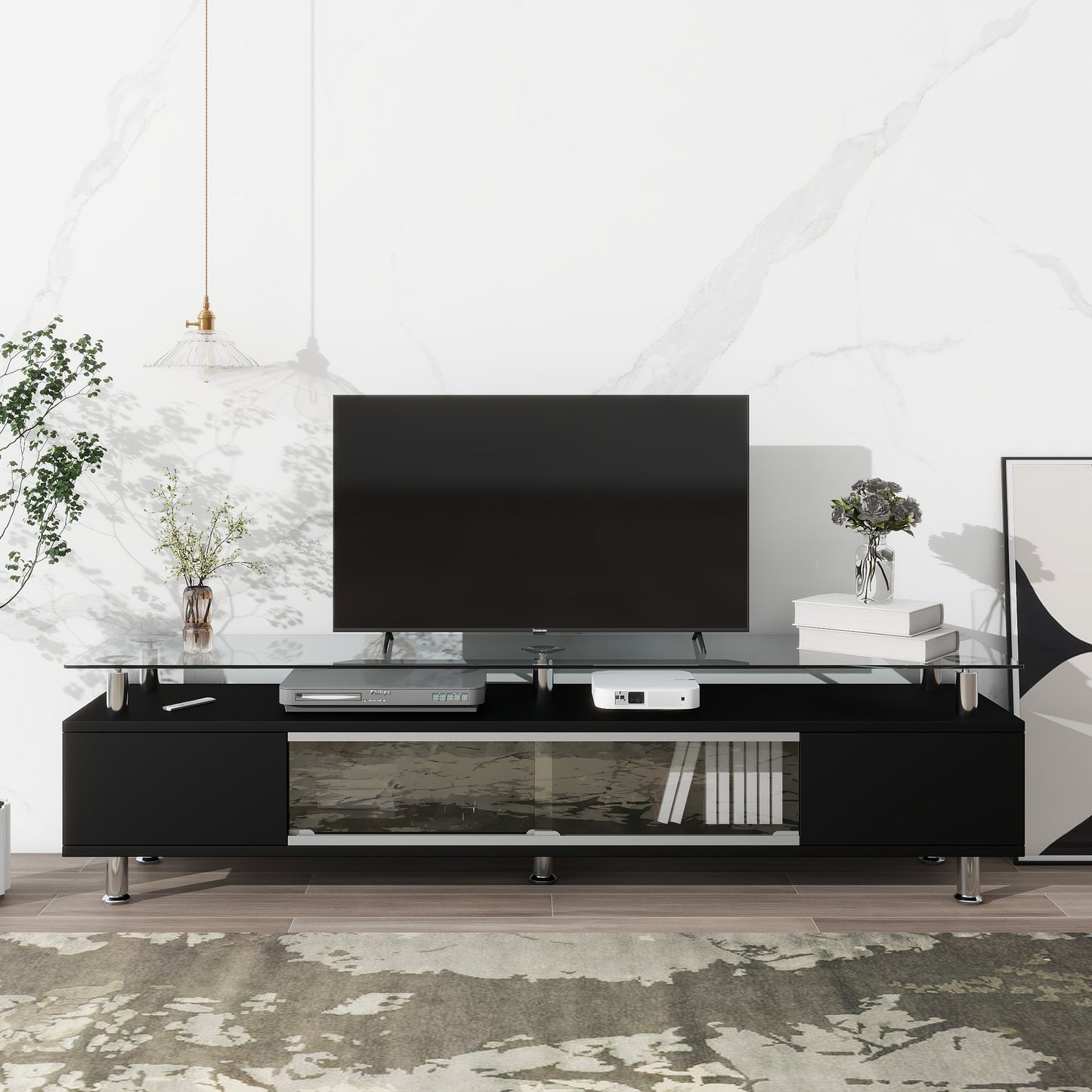 Modern Black Glass TV Stand with Sliding Door