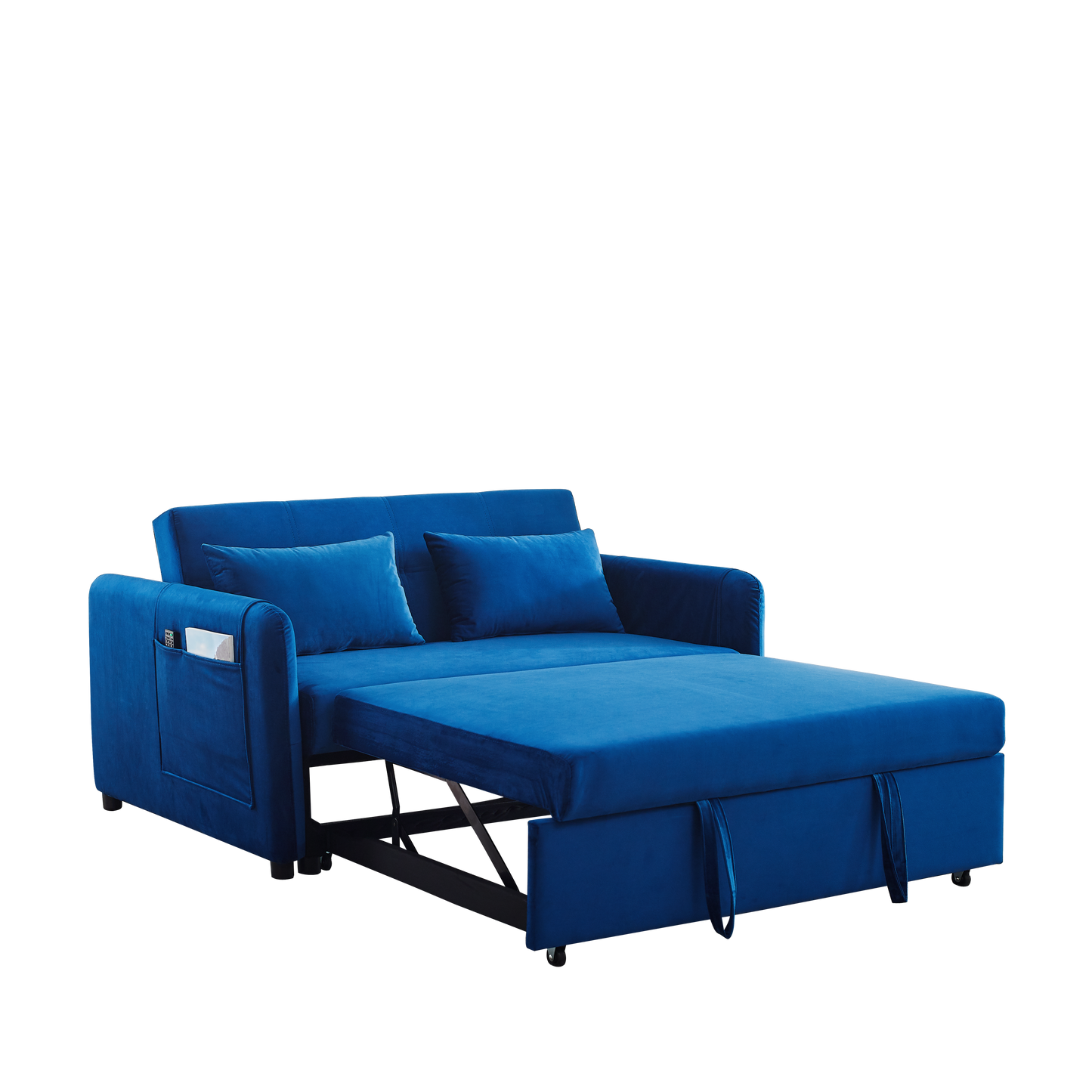 Convertible Sofa Bed, 3-in-1 Versatile Velvet Double Sofa with Pullout Bed, Seat with Adjustable Backrest, Lumbar Pillows, and Living Room Side Pockets, 54 Inch, Blue