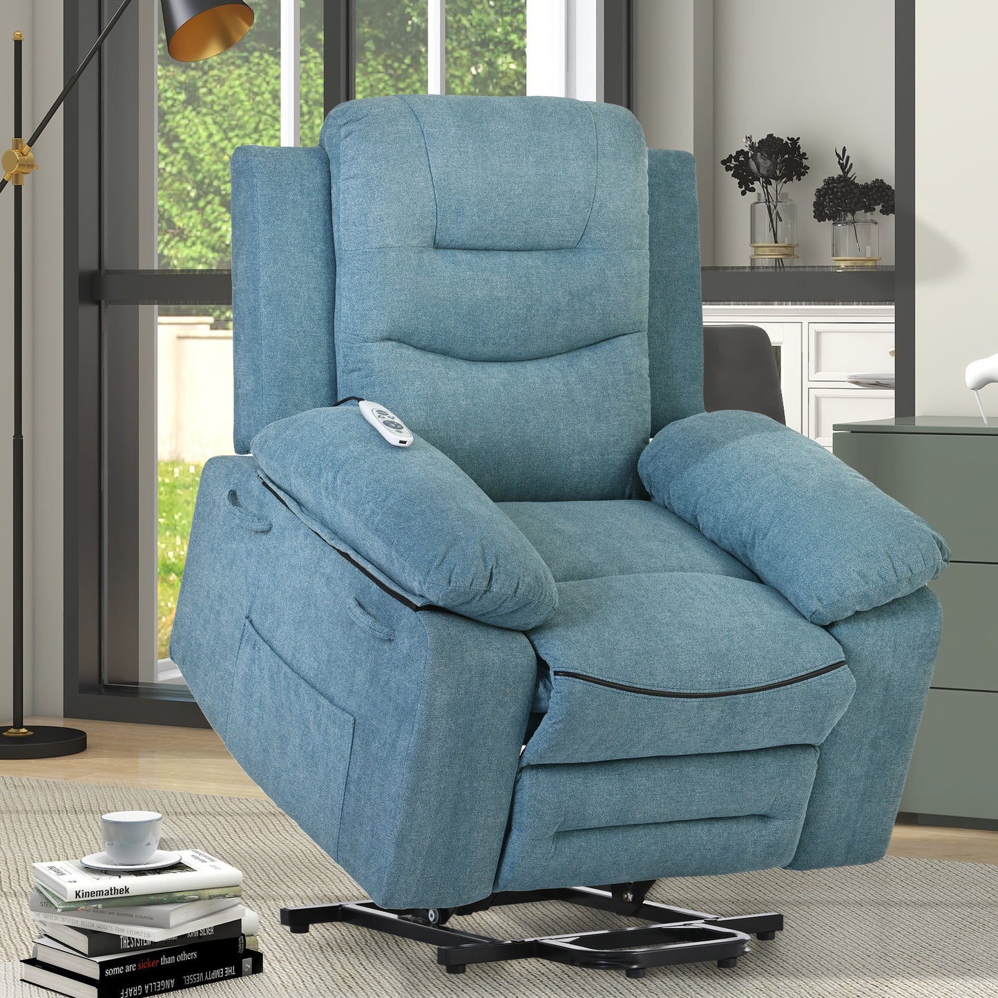 Adjustable Heat and Massage Blue Power Lift Recliner Chair with Infinite Position