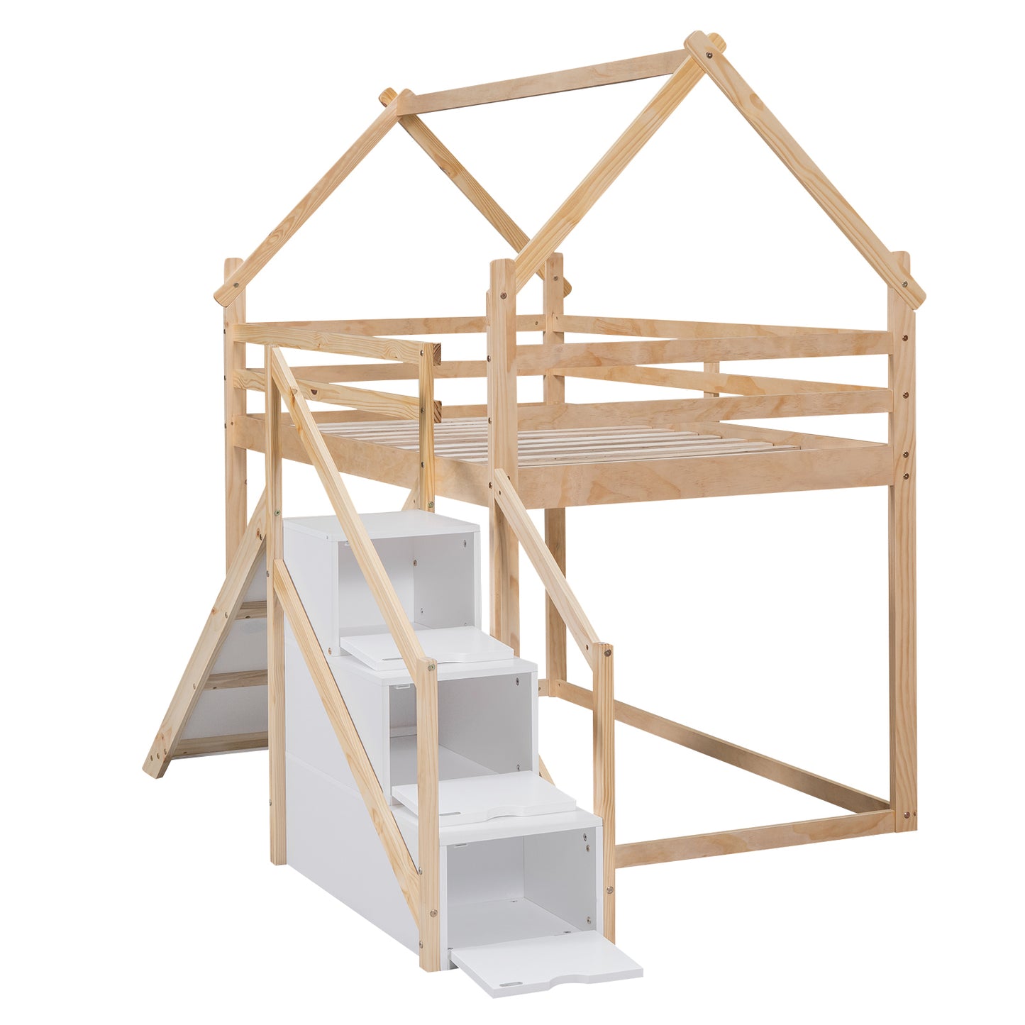 Twin House Loft Bunk Bed with Slide, Staircase, and Storage for Kids, Natural