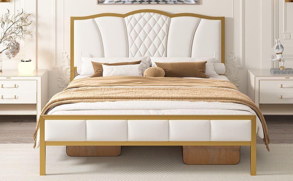 Queen Size Bed Frame, Modern Upholstered Bed Frame with Tufted Headboard, Golden Metal Platform Bed Frame with Wood Slat Support, Noise Free, No Box Spring Needed,Beige