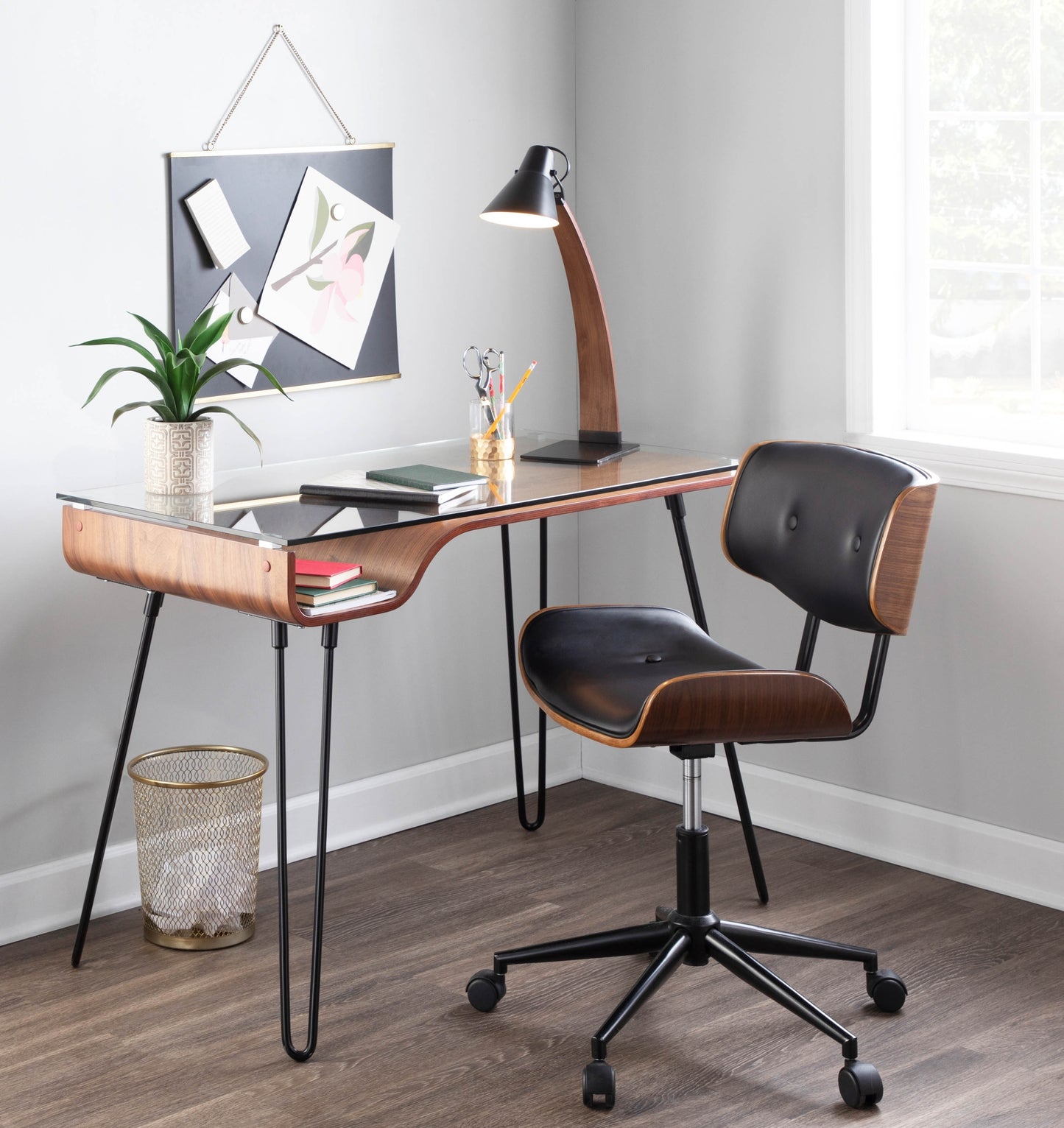 Avery Mid-Century Modern Walnut Desk with Glass Top and Black Metal Legs