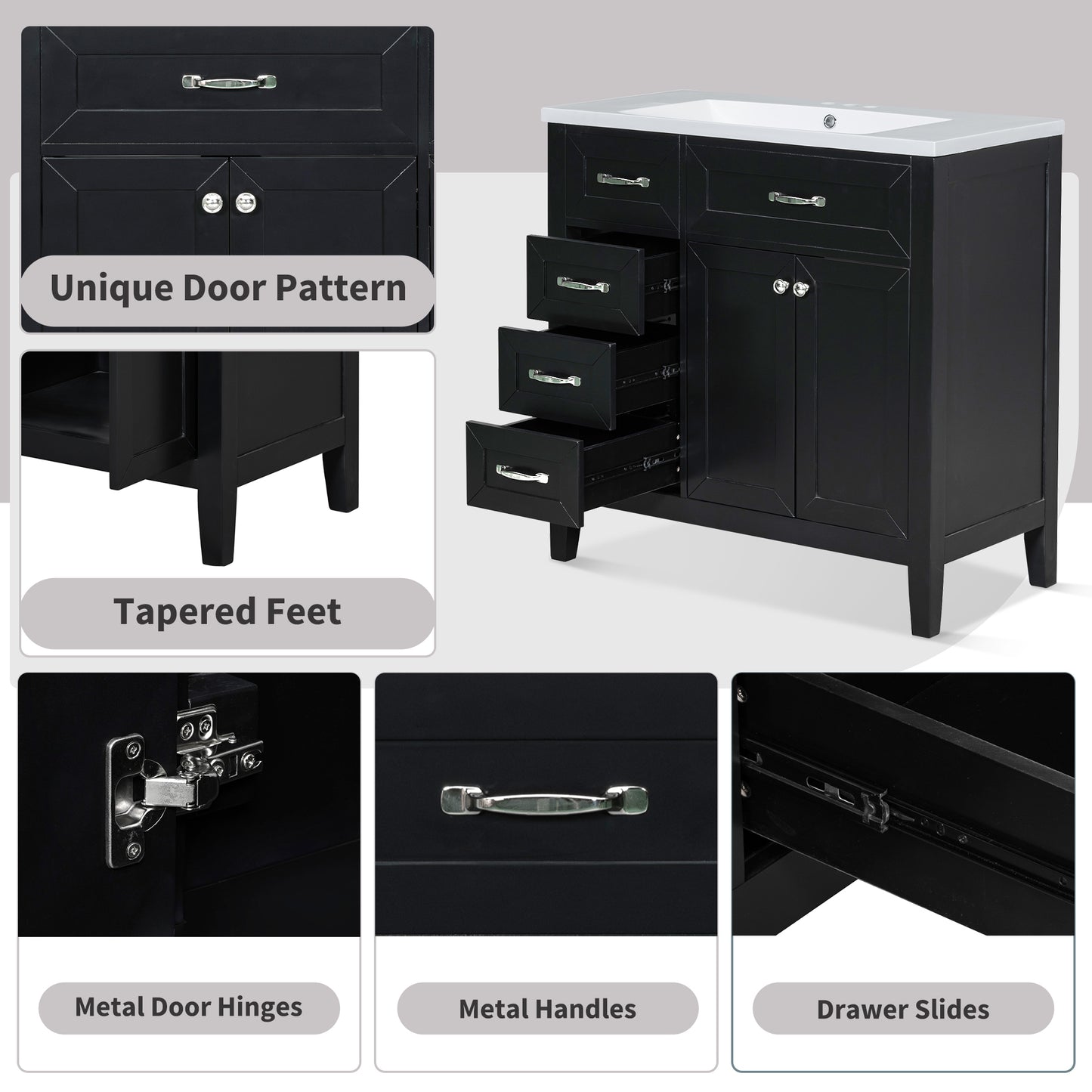 36" Bathroom Vanity without Sink, Cabinet Base Only, Bathroom Cabinet with Drawers, Solid Frame and MDF Board, Black