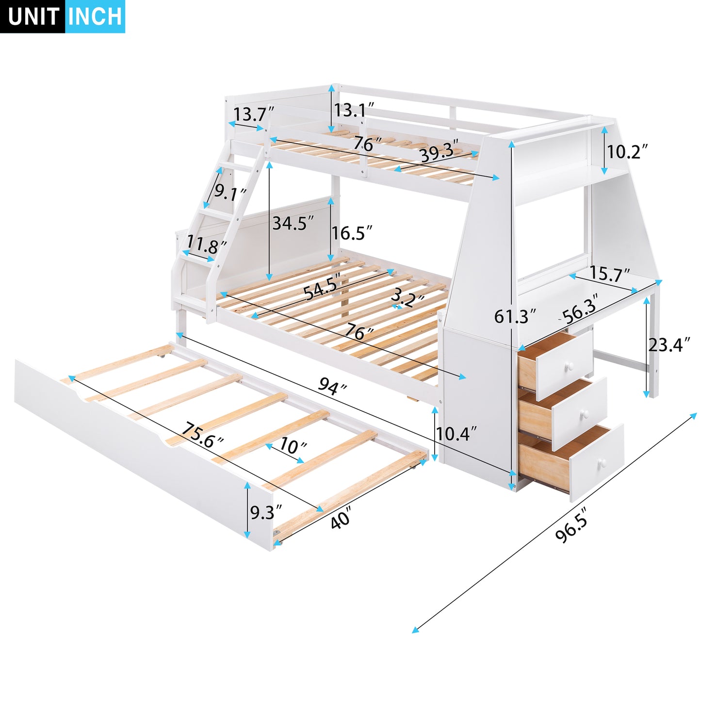 Space-Saving Twin over Full Bunk Bed with Built-in Desk and Trundle - White