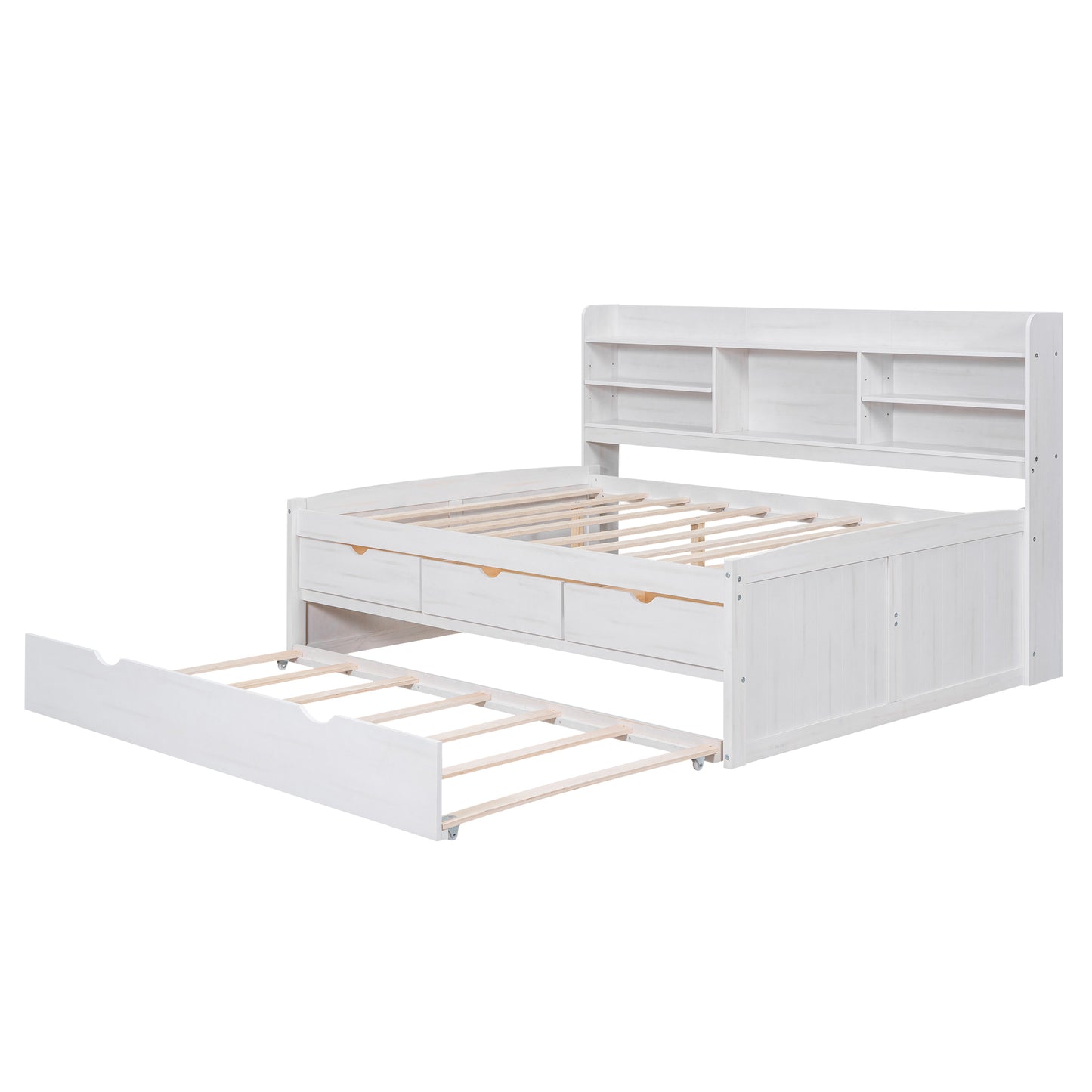 Full Size Wooden Captain Bed with Built-in Bookshelves,Three Storage Drawers and Trundle,White