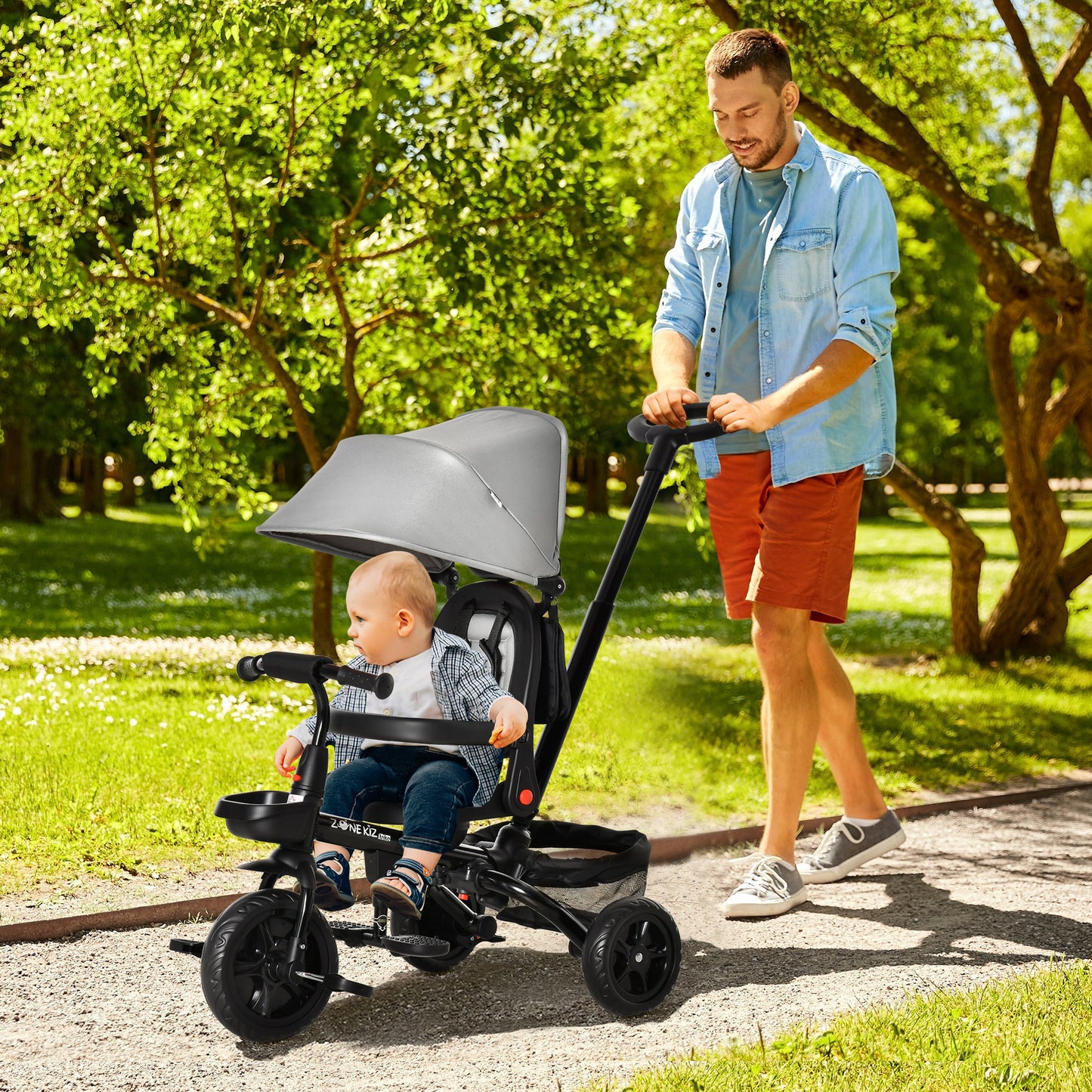 Qaba 4-In-1 Baby Tricycle with Adjustable Seat and Safety Features - Grey