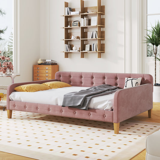 Full Size Upholstered Daybed with 4 Support Legs,Pink