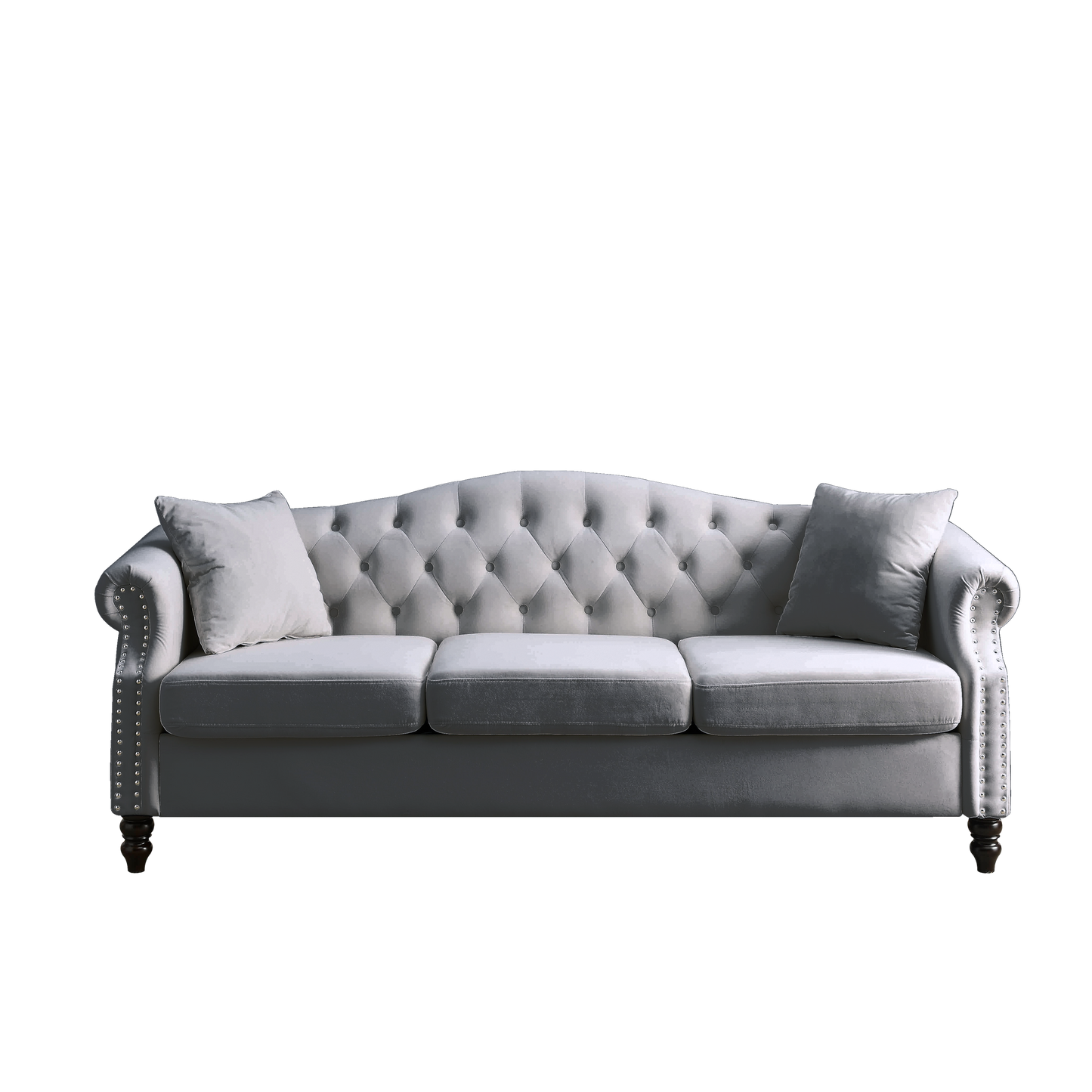 [Video] 79" Chesterfield Sofa Grey Velvet for Living Room, 3 Seater Sofa Tufted Couch with Rolled Arms and Nailhead for Living Room, Bedroom, Office, Apartment, two pillows