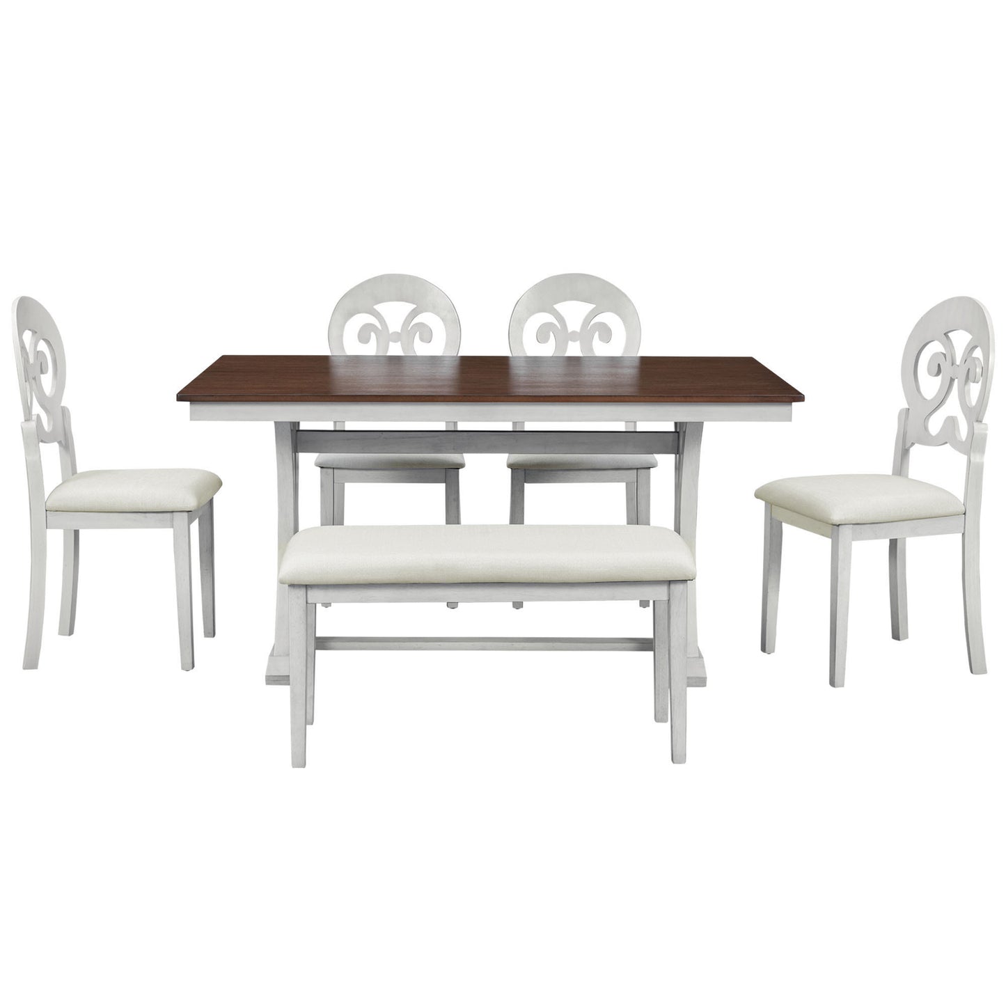 Mid-Century 6-Piece Trestle Table Set with Victorian Round Upholstered Dining Chairs and Long Bench, Cherry+Antique White