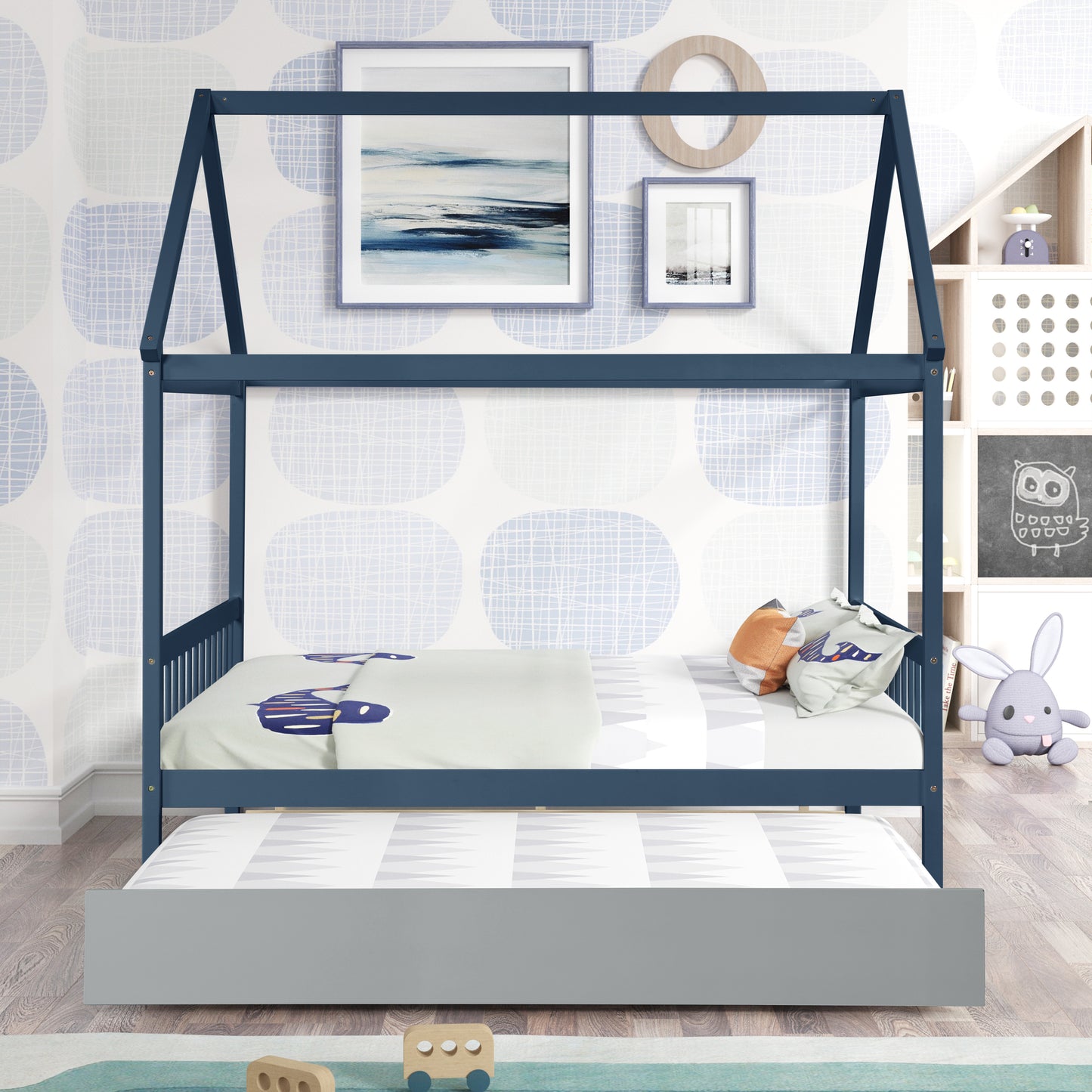 NAVY BLUE HOUSE FULL BED WITH TRUNDLE OF GREY COLOR