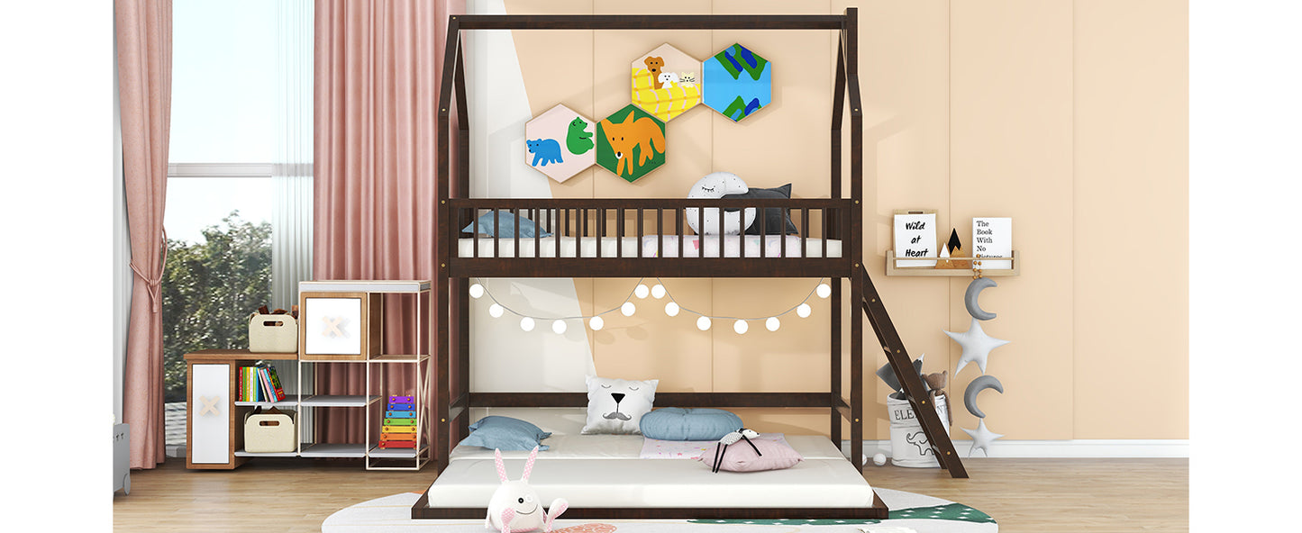 Twin House Bunk Bed with Trundle and Ladder - Artistic Sleepover Haven