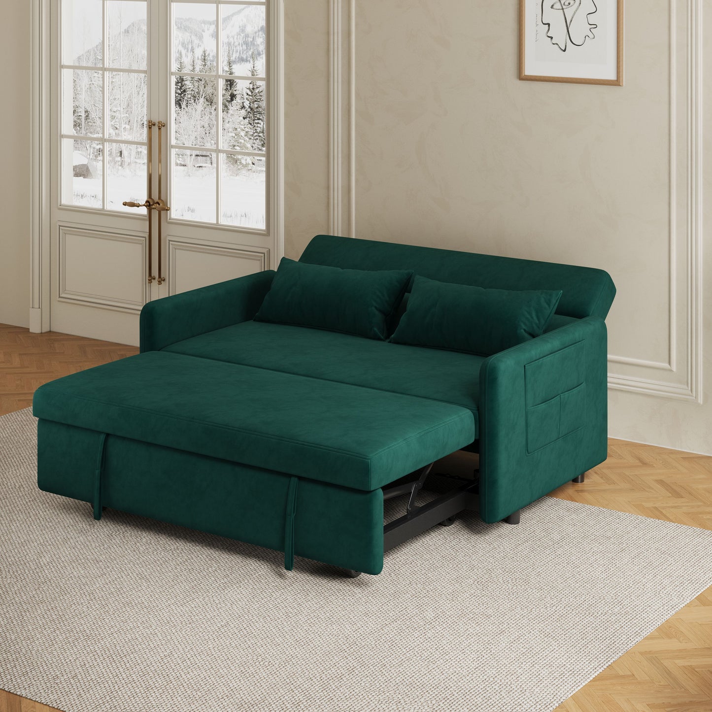 Sofa Pull Out Bed Included Two Pillows 54" Green Velvet Sofa for Small Spaces