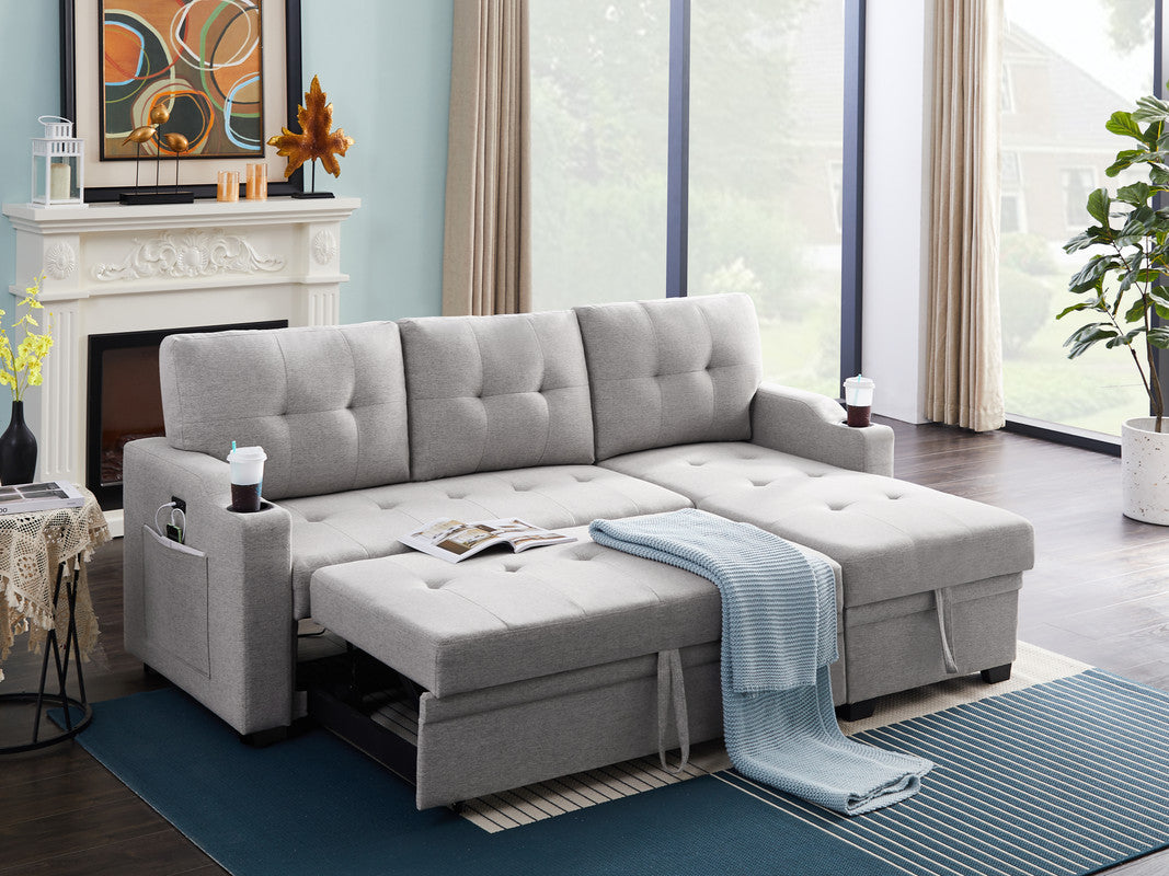 Mabel Light Grey Linen Fabric Sleeper Sectional with Cupholder, USB Charging Port, and Pocket for Modern Comfort.