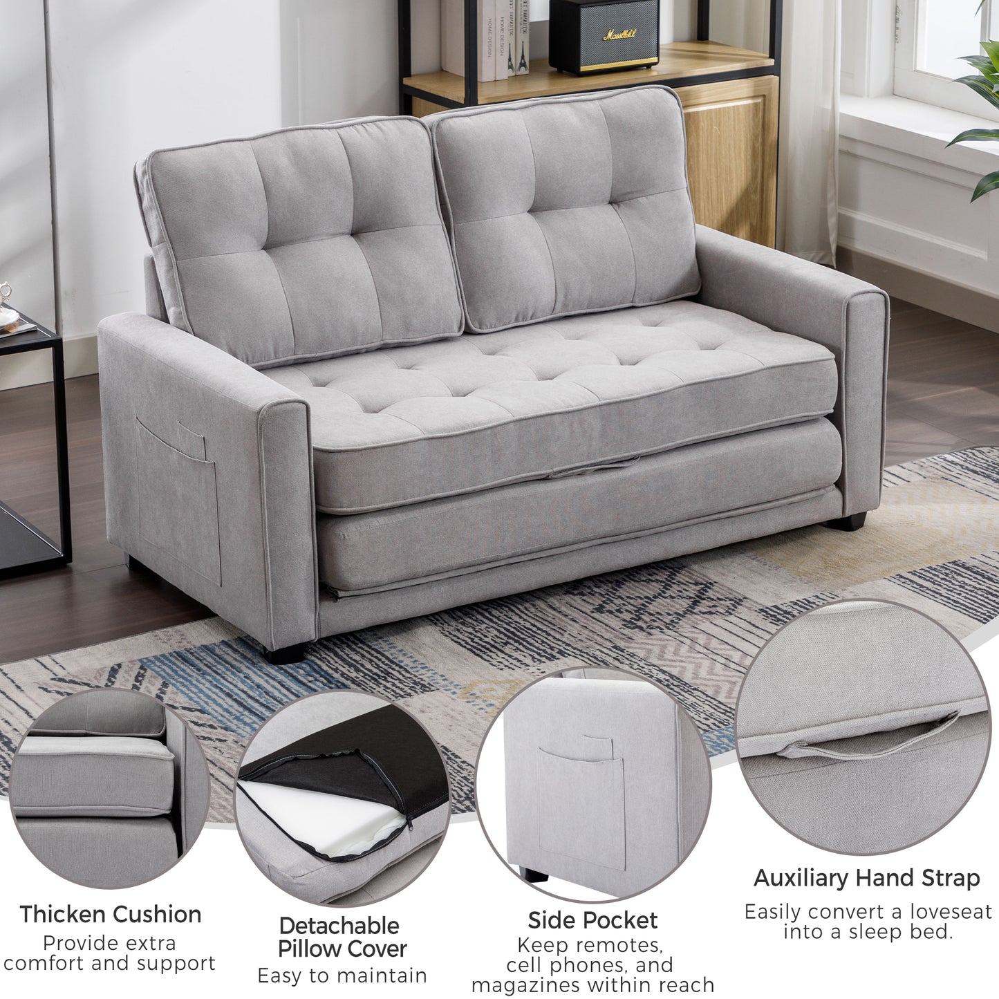 Multifunctional Grey Loveseat Sofa with Pull-Out Bed and Storage Pockets - Modern Upholstered Couch for Living Room and Office