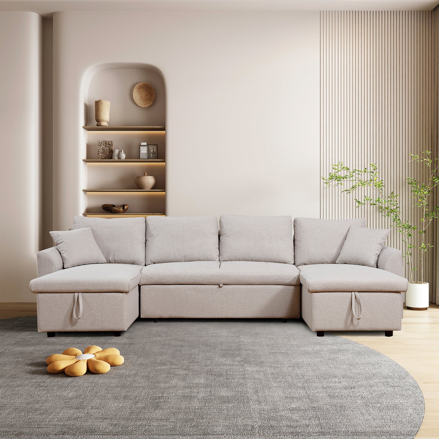 Artemax U-Shape Pull-out Sleeper Sectional Sofa with Double Storage Spaces ,BEIGE