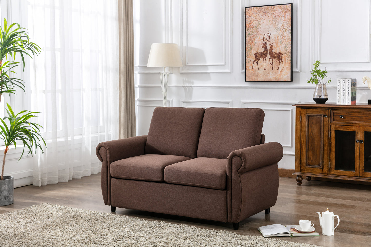 Orisfur Pull Out Loveseat Sleeper with Memory Foam Mattress, Brown