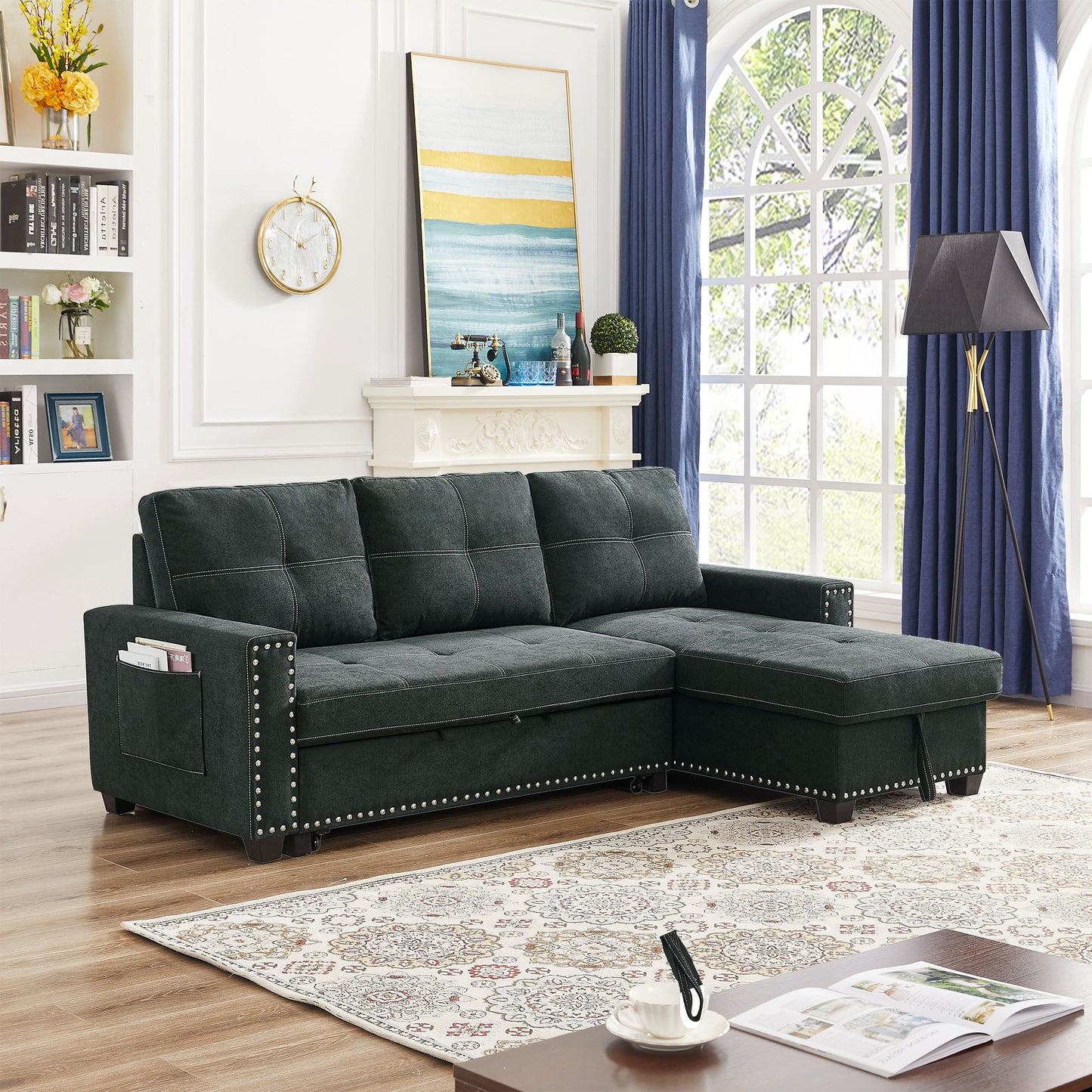 Sleeper Sofa Sectional with Reversible Storage Chaise and Side Storage Bag, Black Fabric, Modern Design