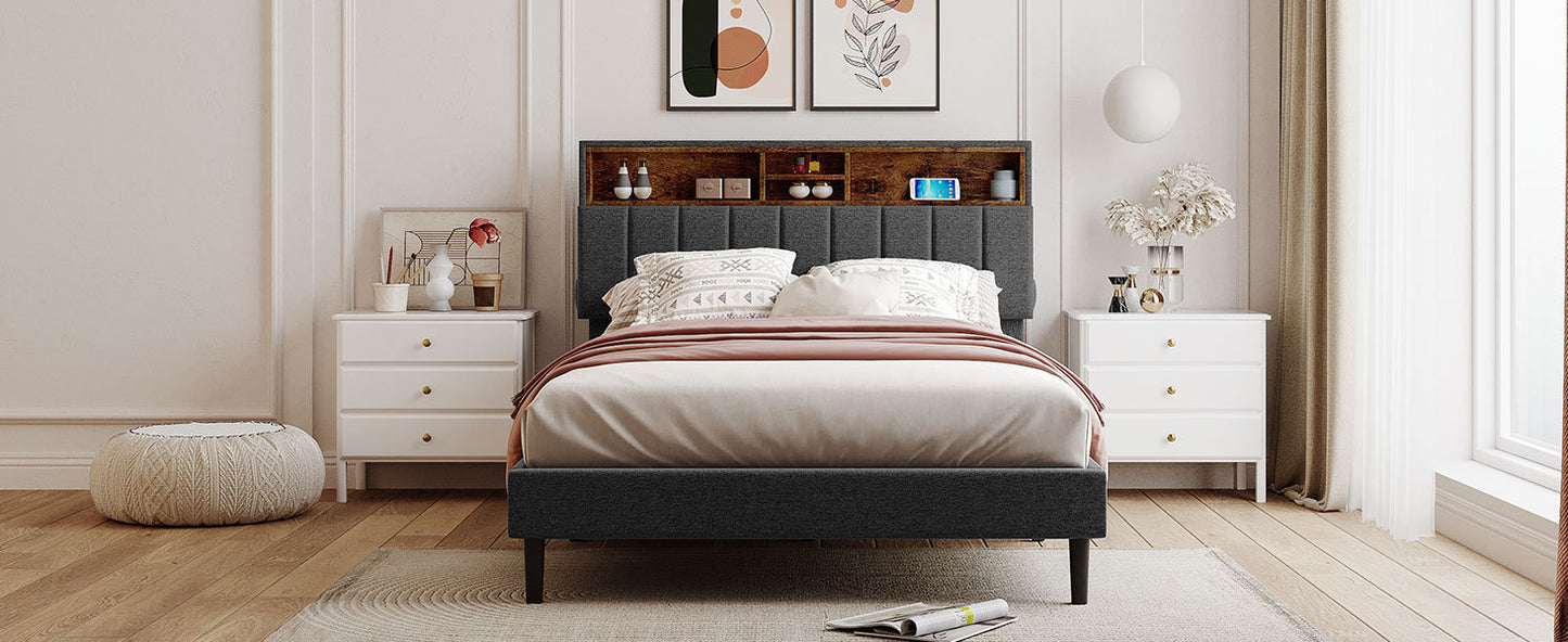 Full size Upholstered Platform Bed with Storage Headboard and USB Port,  Linen Fabric Upholstered Bed (Gray)