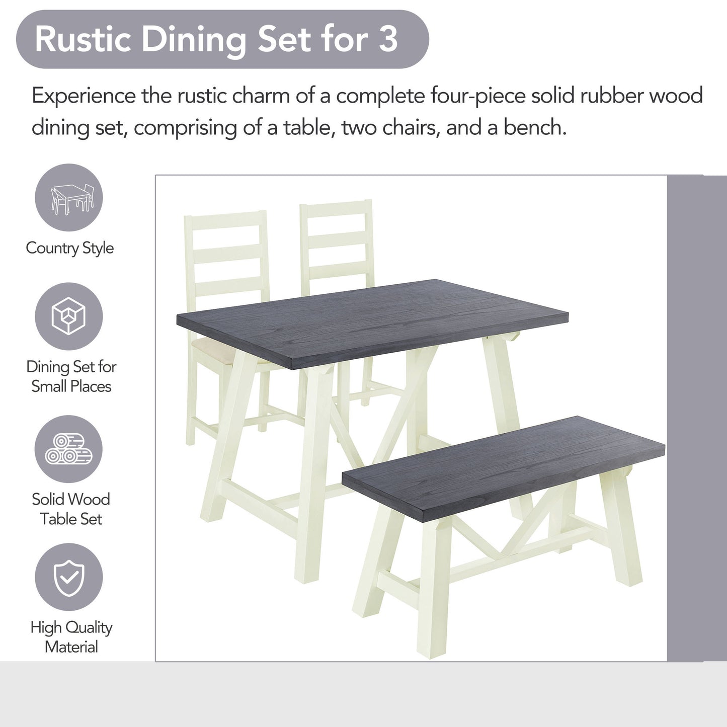 Farmhouse 4-Piece Dining Table Set Solid Wood Kitchen Table Set with Bench for Small Places,Grey+Butter Milk