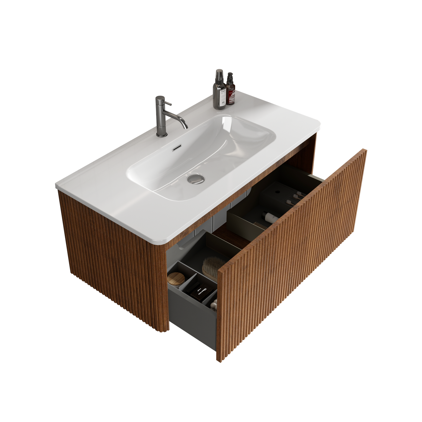 U048-Etna36W-305 Etna 36" Striped Walnut Bathroom Vanity with White Ceramic Sink, Wall Mounted Floating Bathroom Vanity for Modern Bathroom, One-Piece White Basin without Drain and Faucet