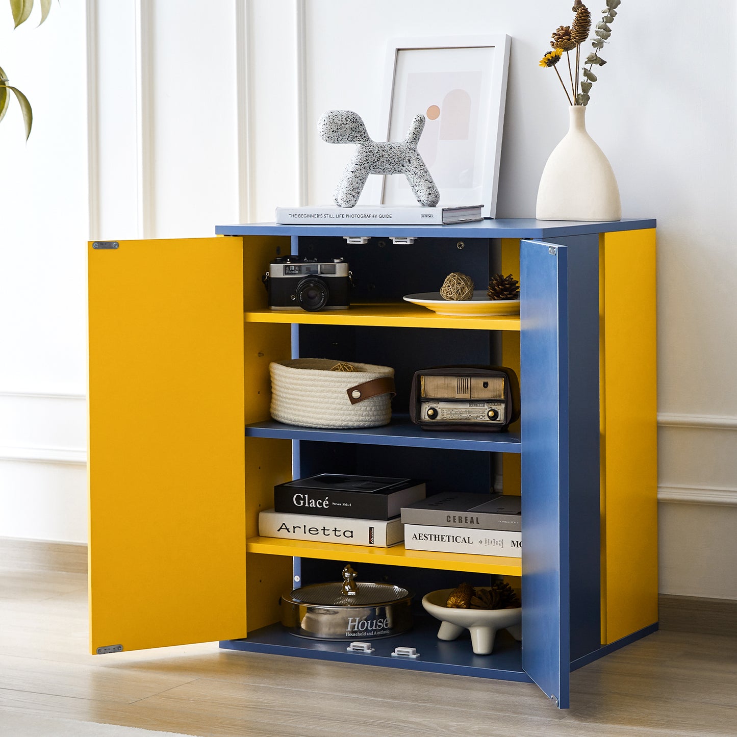 Cabinet for Storage and Coffee Bar, Modern Style, Large Capacity, Yellow & Blue