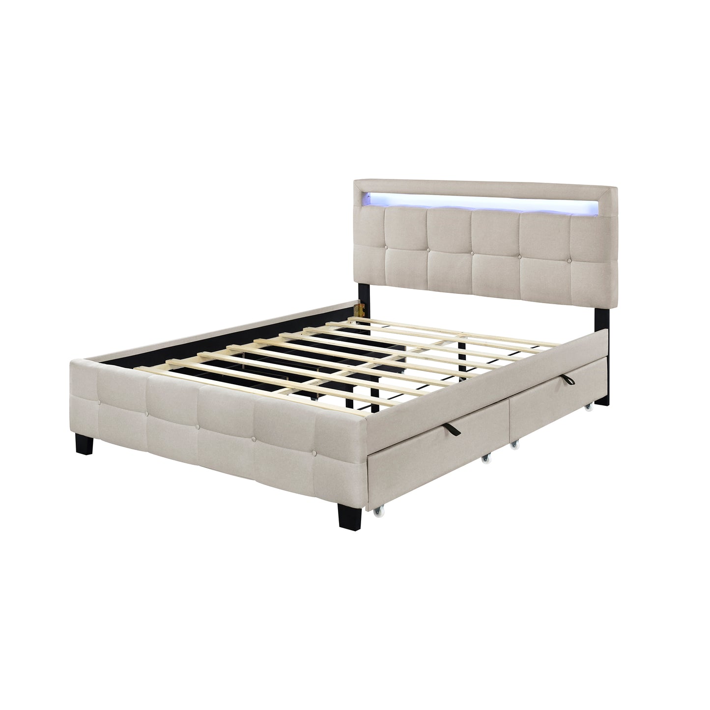 Queen Size Upholstered Platform Bed with LED Frame and 4 Drawers, Linen Fabric, Beige