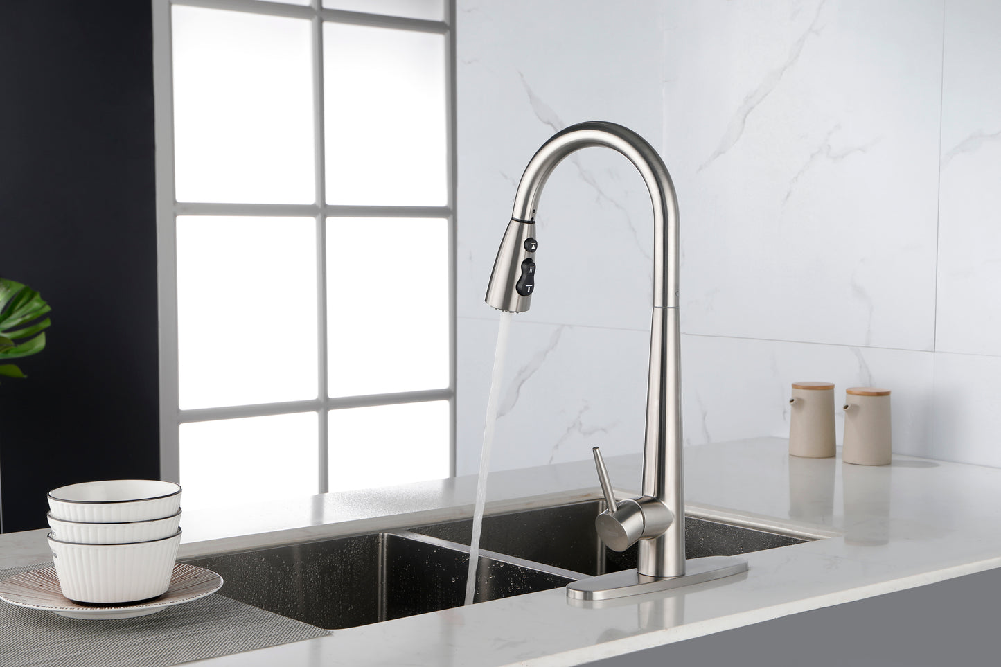 Commercial-Grade Stainless Steel Kitchen Faucet with Pull Down Sprayer and High Arc Handle