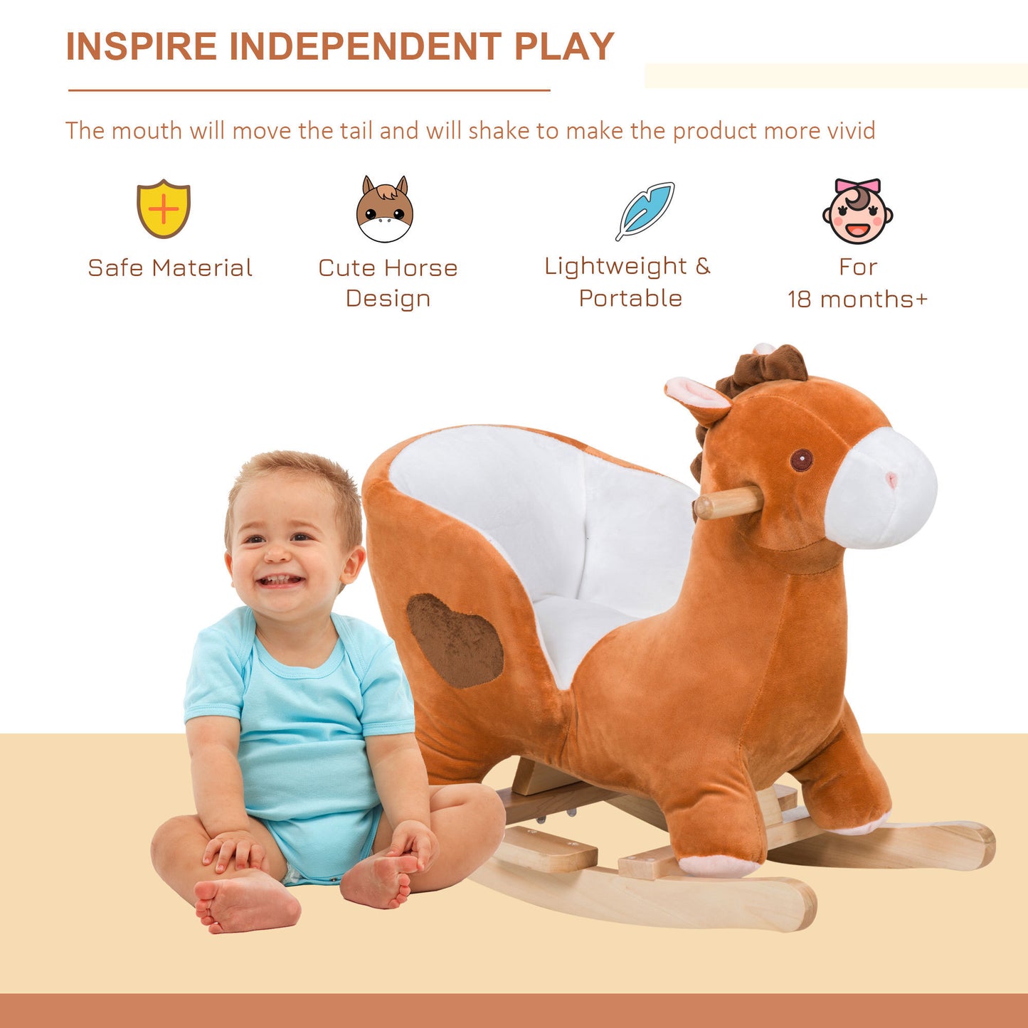 Qaba Kids Plush Animal Ride-On Rocking Horse with Songs and Soft Fabric