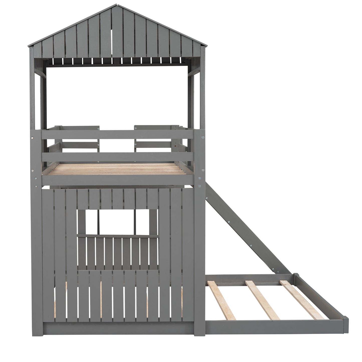 Playhouse Twin Over Full Bunk Bed with Ladder, Slide & Guardrails - Gray Wood, LT000028AAN