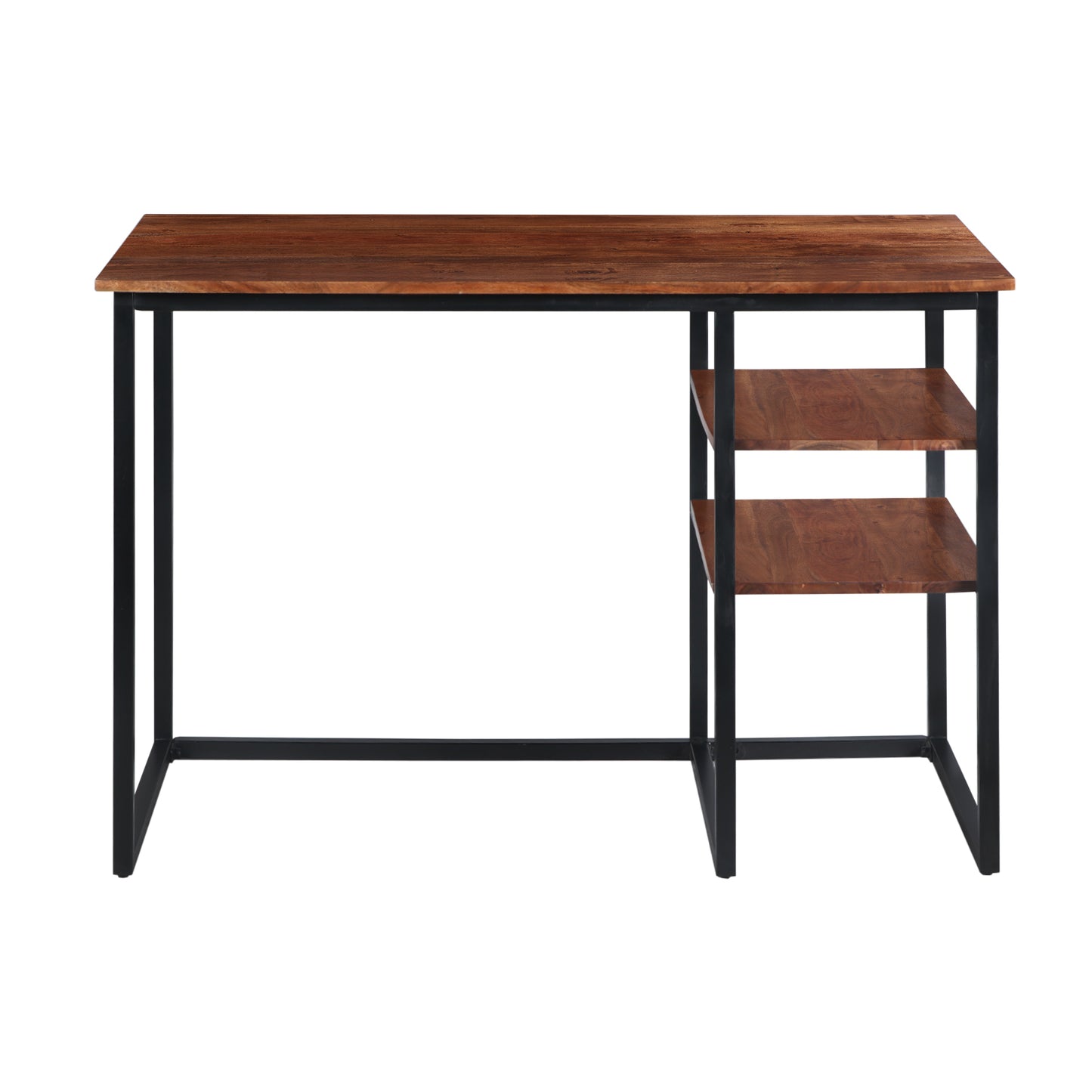 45 Inch Tubular Metal Frame Study Desk with Wooden Top and 2 Side Shelves, Brown and Black