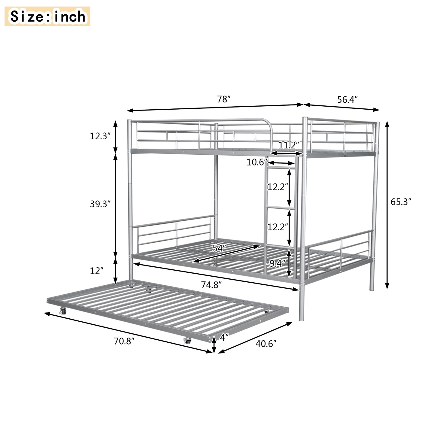 Silver Metal Full Over Full Bunk Bed Set with Trundle