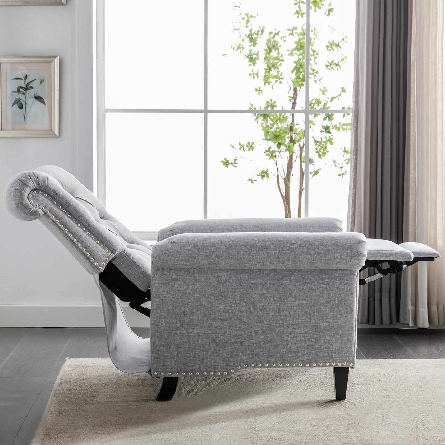 Elegant Gray Linen Recliner Sofa with Tufted Back and Nailheads Roll Arm