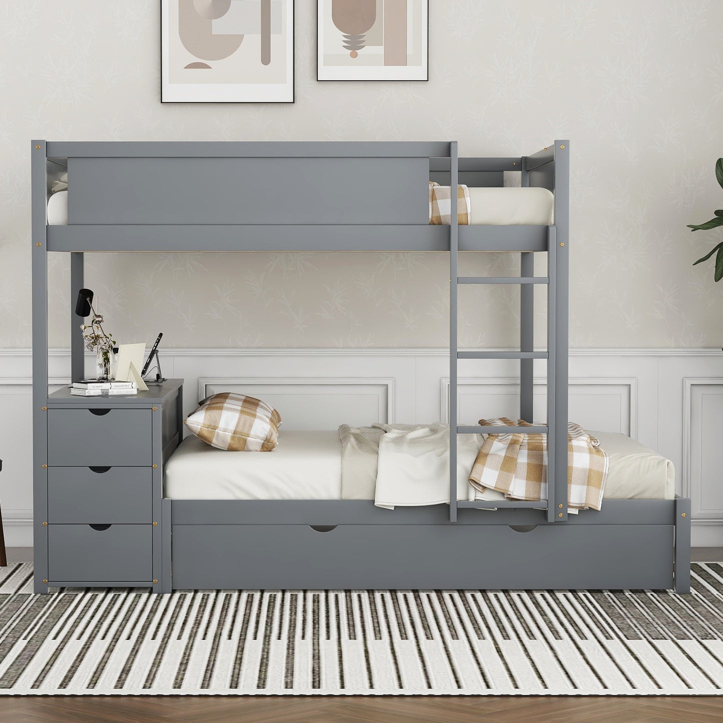 Full-Over-Full Bunk Bed with Twin Trundle, Storage, Desk, and USB Outlets, Gray - Ultimate Space-Saving Solution for Bedroom