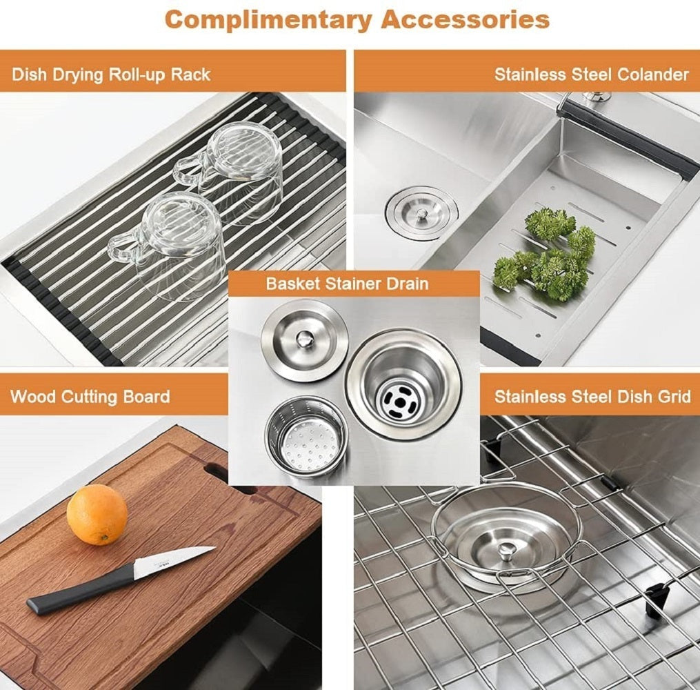 Stainless Steel Kitchen Sink with Integrated Ledge and Accessories (Pack of 5) - 33x22x10