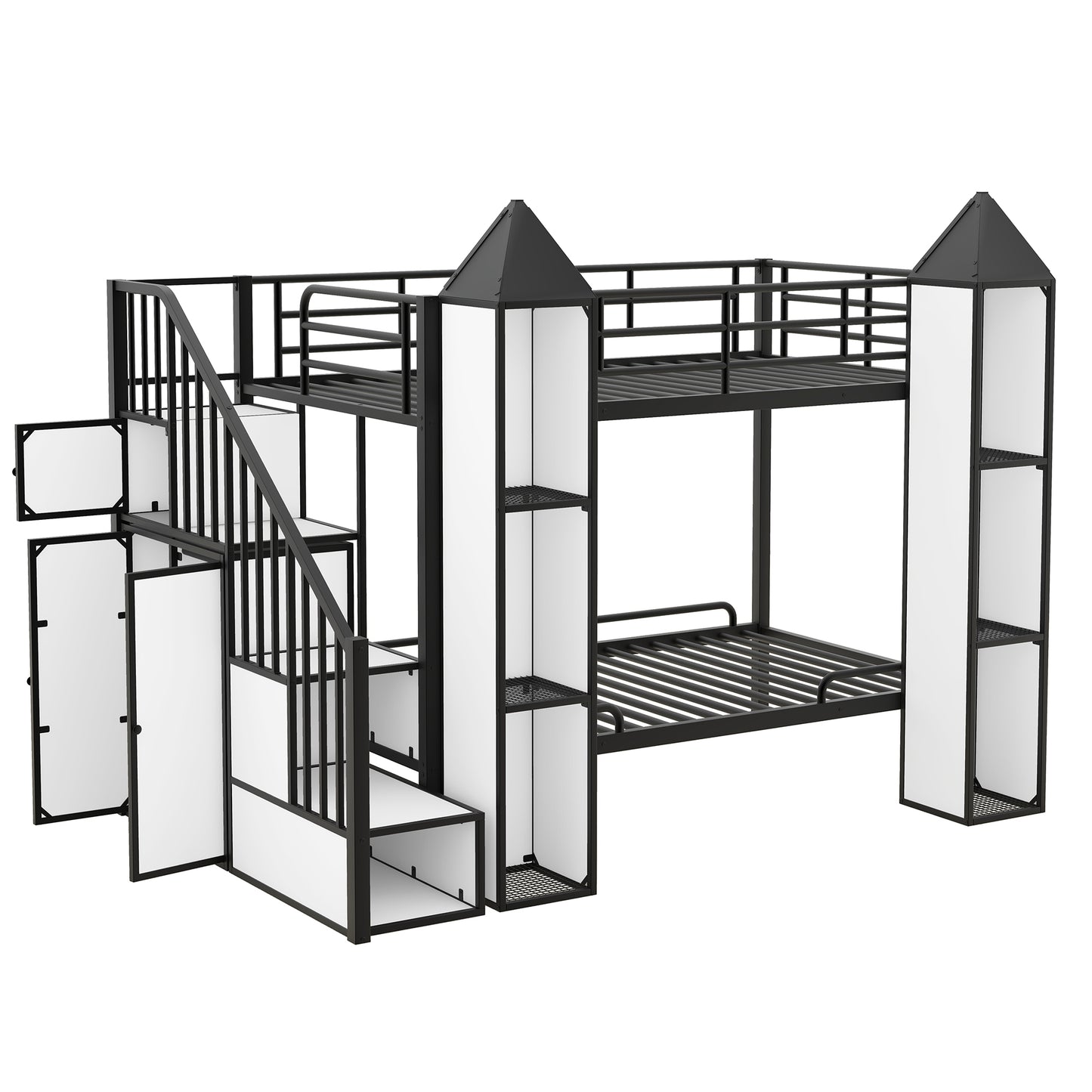 Castle-themed Metal Twin Bunk Bed with Wardrobe and Storage in Black and White Color Palette