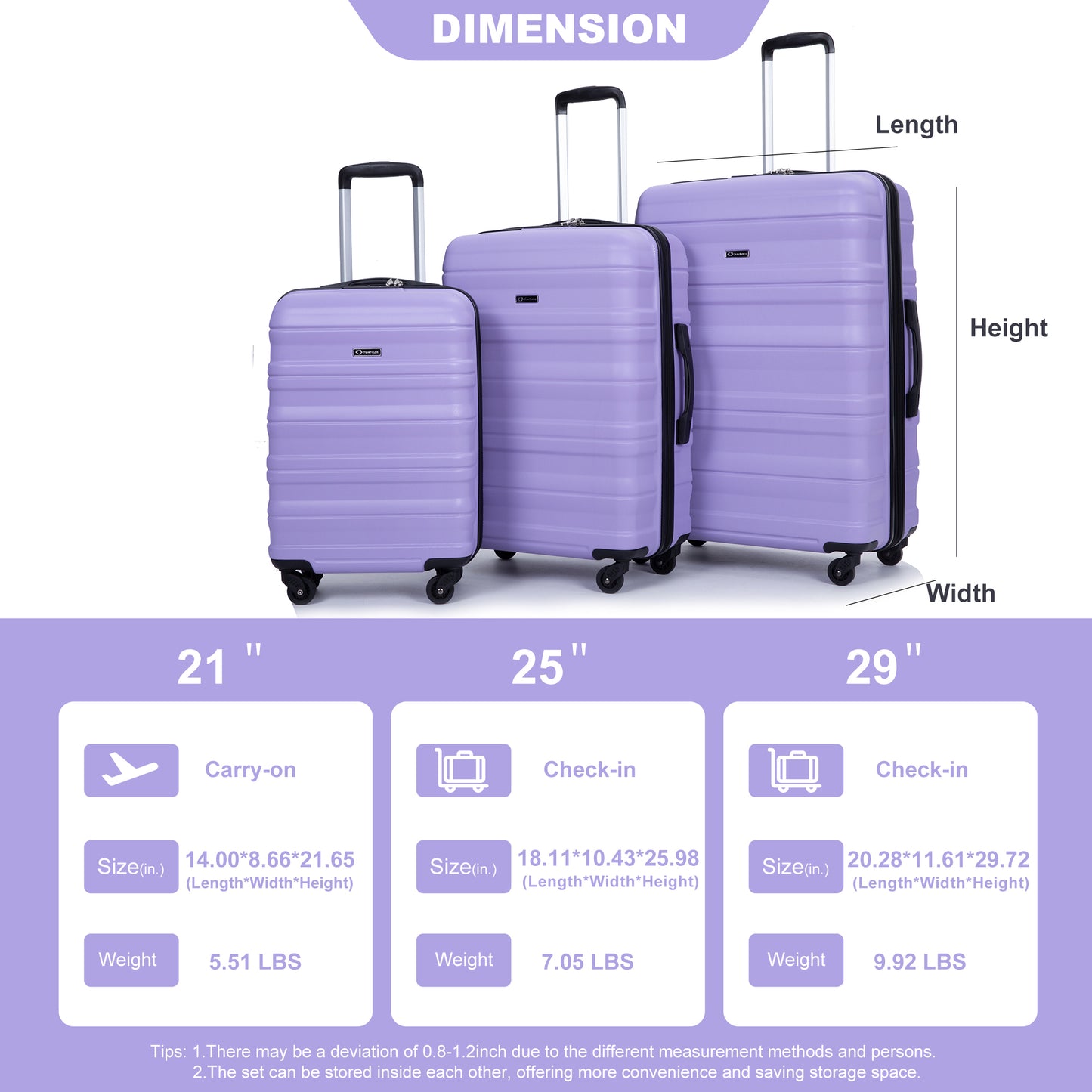 Expandable 3 Piece Luggage Sets PC Lightweight & Durable Suitcase with Two Hooks, Spinner Wheels, TSA Lock, (21/25/29) Purple