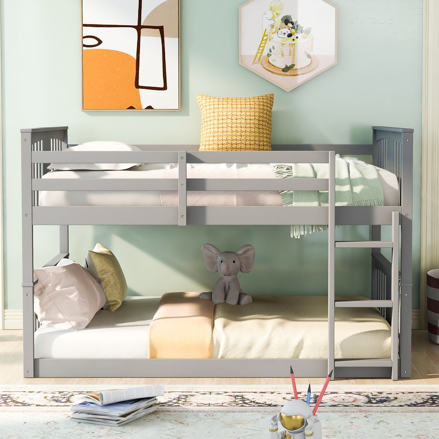 Gray Bunk Bed with Full Over Full Design and Ladder