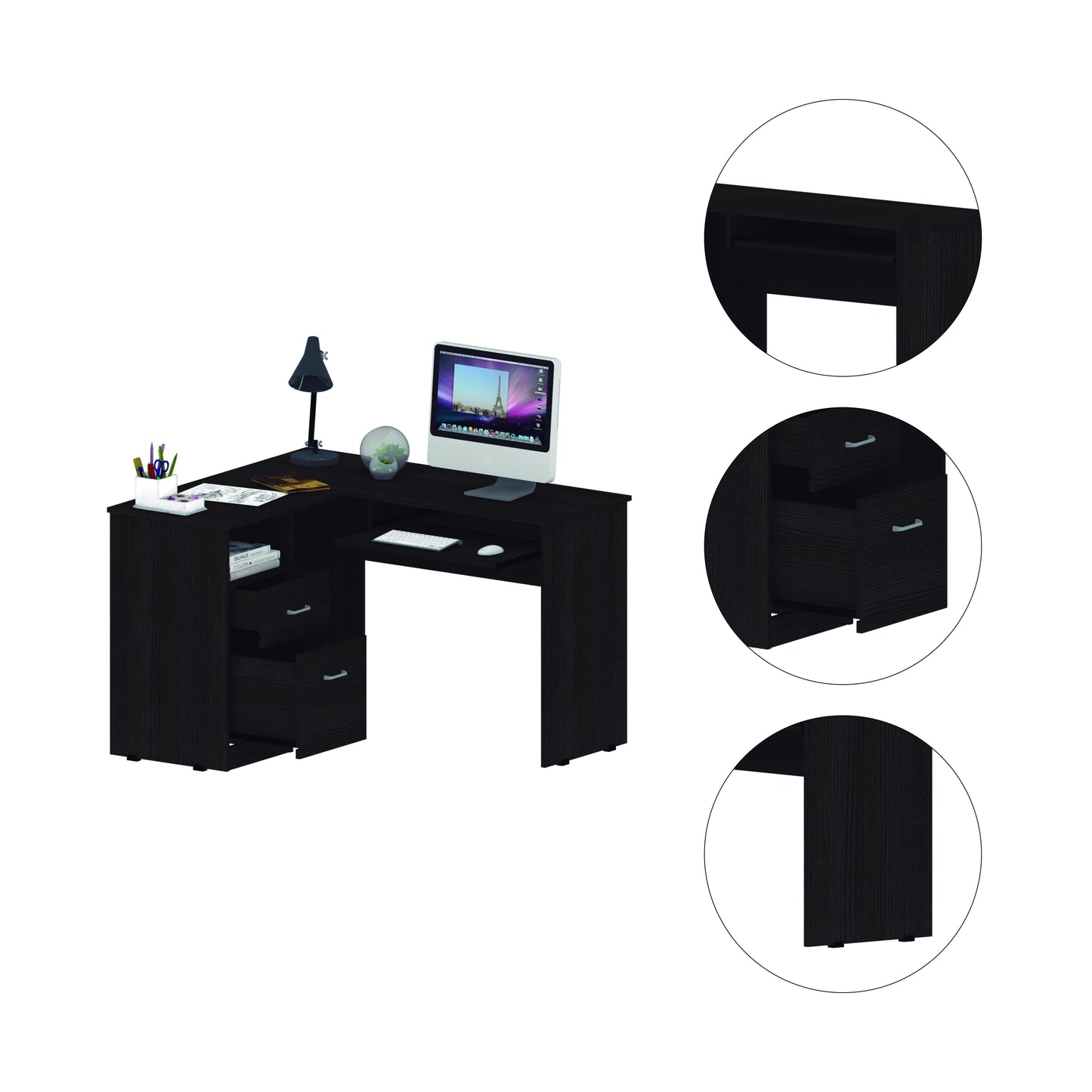 Black Wengue L-Shaped Computer Desk with 2 Drawers and Shelf - Glendale