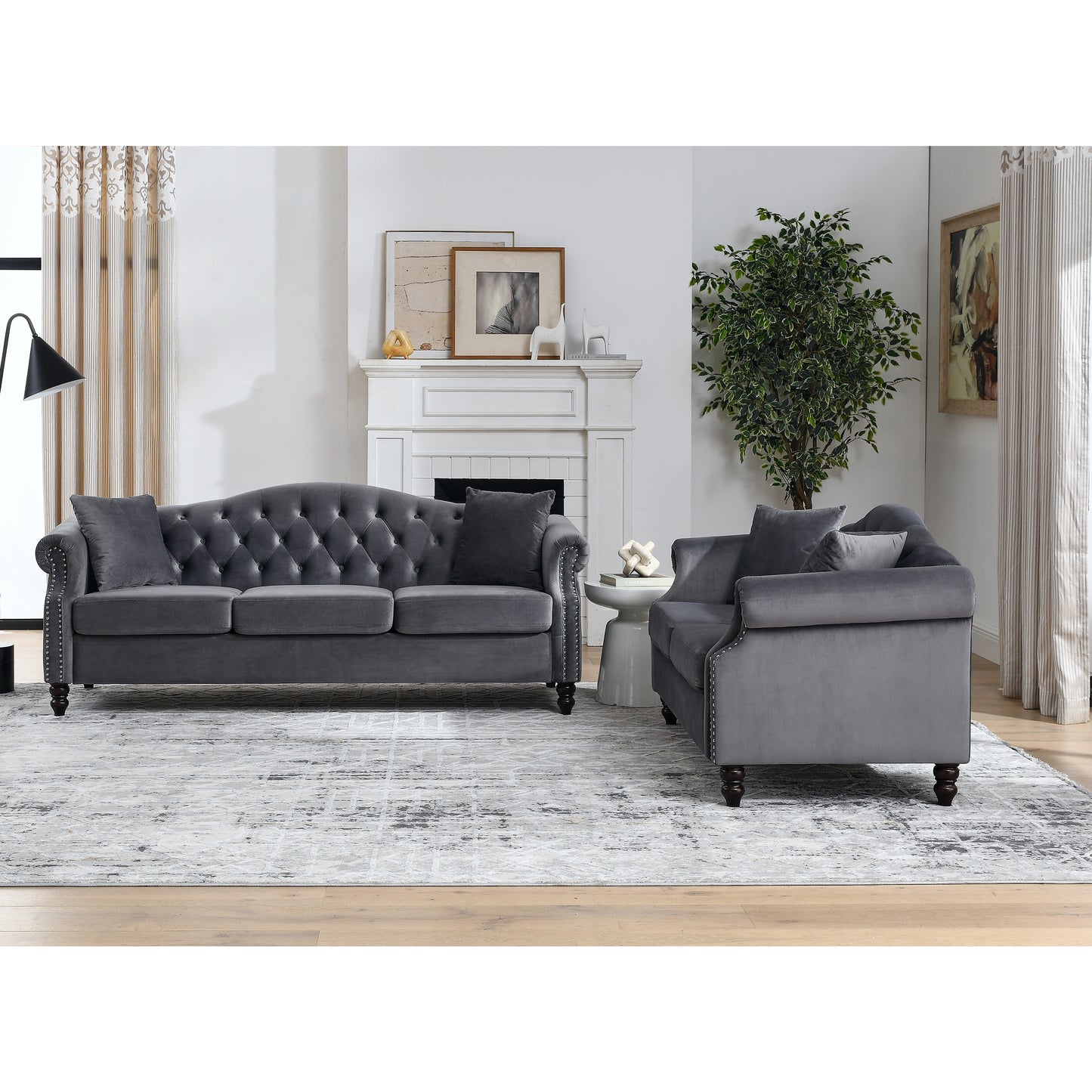 Luxurious Grey Velvet Chesterfield 3-Seater and 2-Seater Combination Sofa