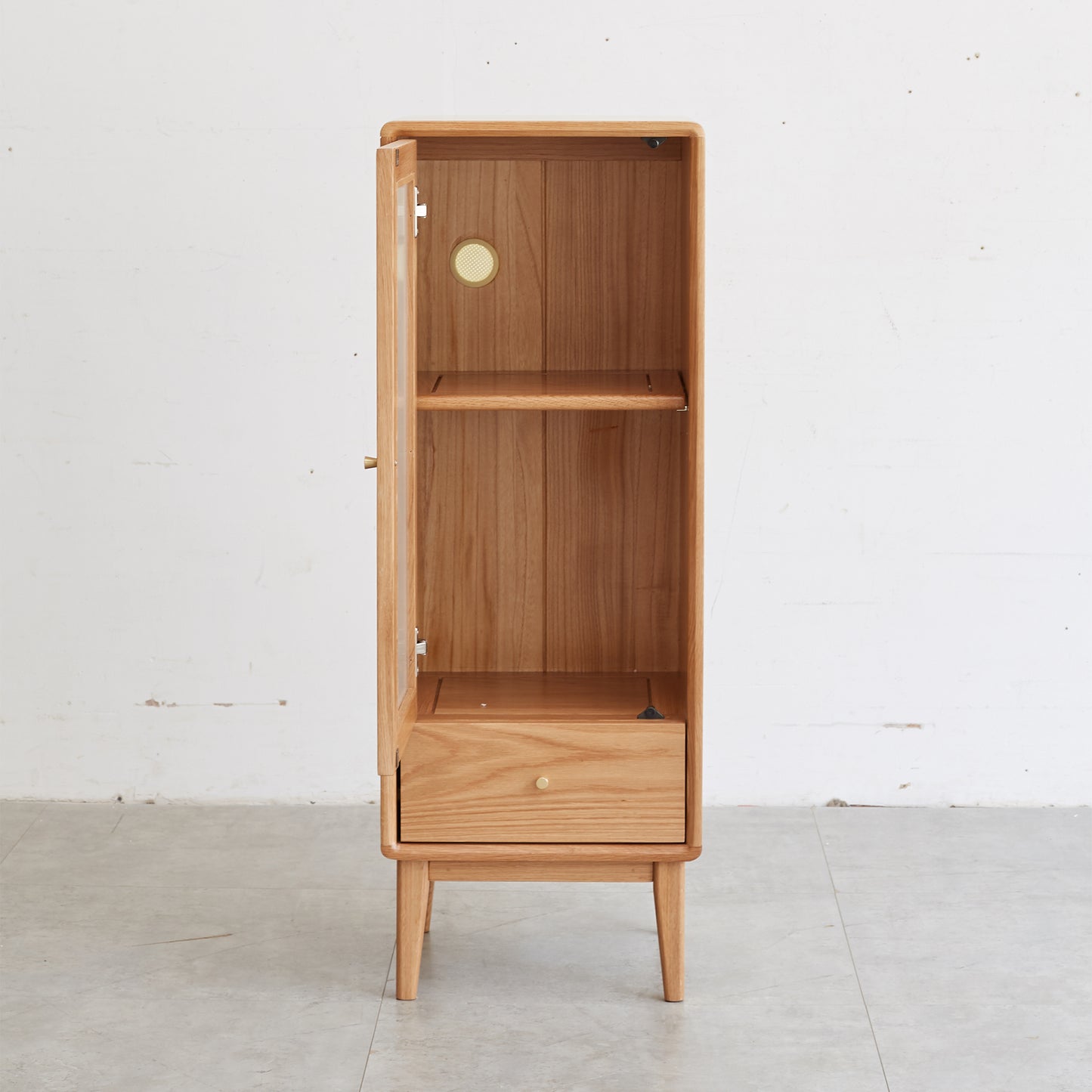 Elegant Oak Wood Corner Cabinet with Vintage Glass Door and Brass Handle