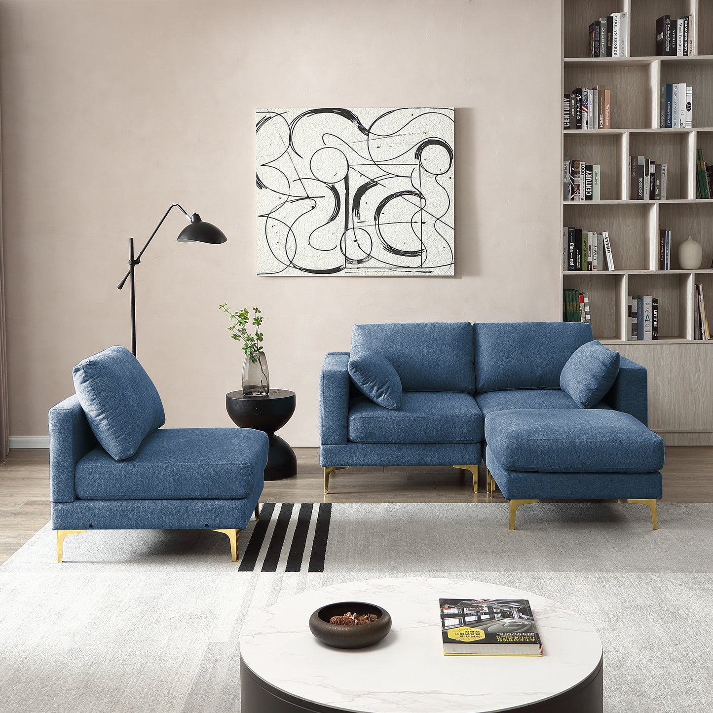 ADF Living Room Furniture Modern Leisure L Shape Couch Blue Fabric