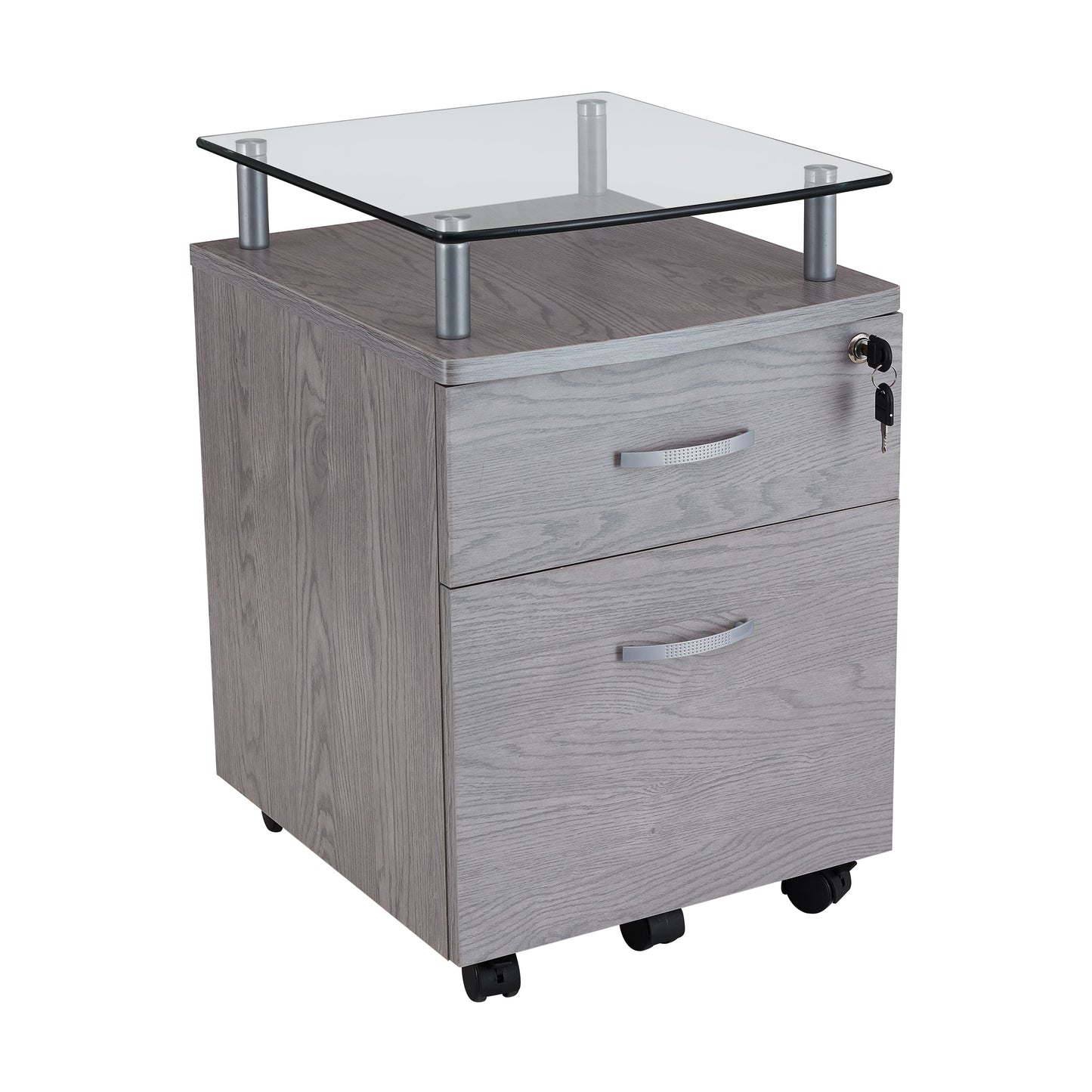 Grey Rolling File Cabinet with Glass Top