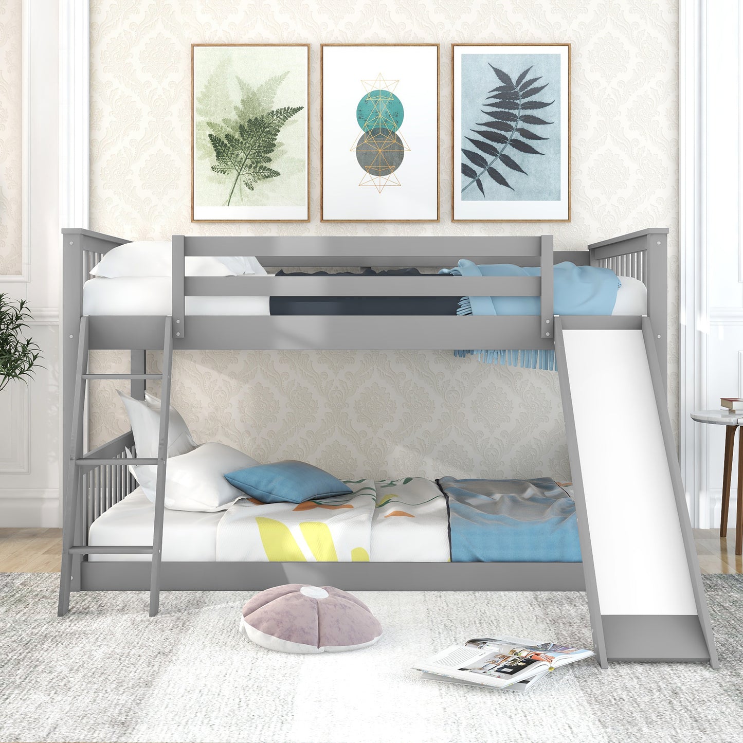 Gray Full Bunk Bed with Slide, Reversible Ladder, and Modern Design