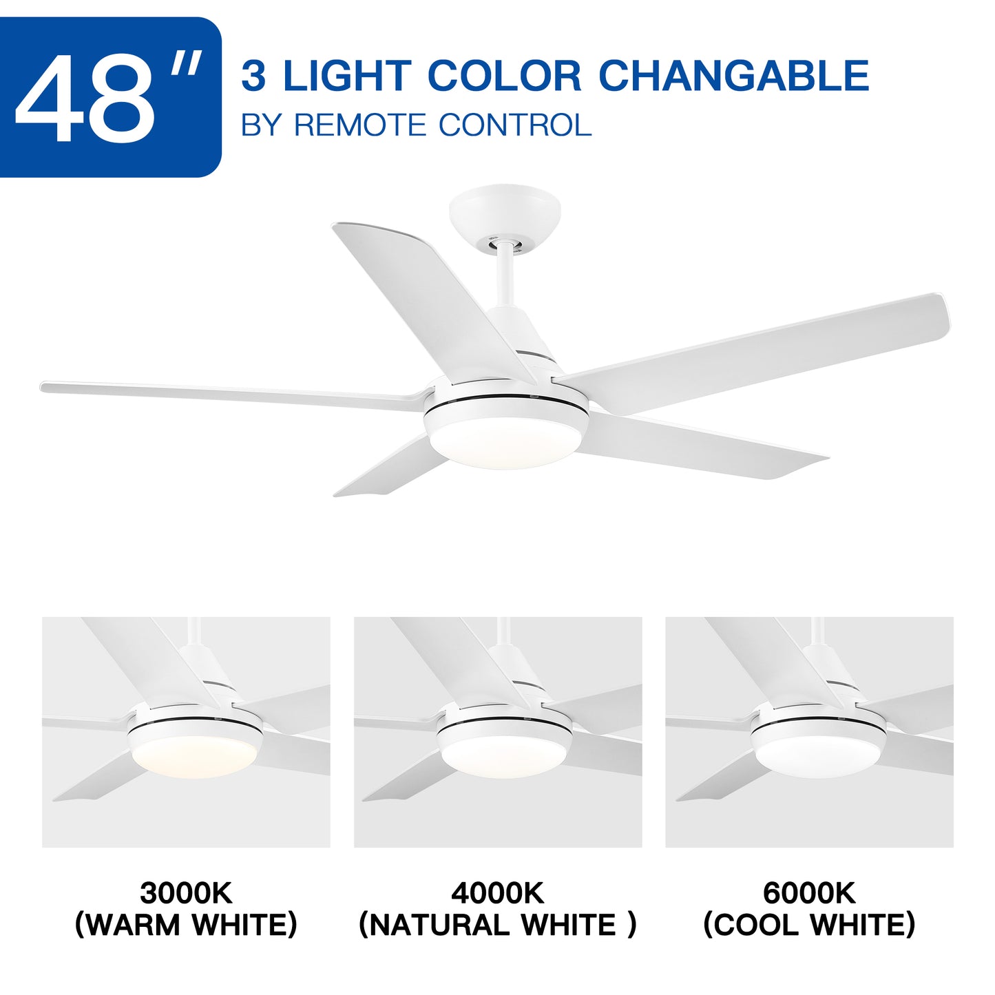 Energy Efficient 48-Inch Integrated LED Ceiling Fan with White ABS Blades