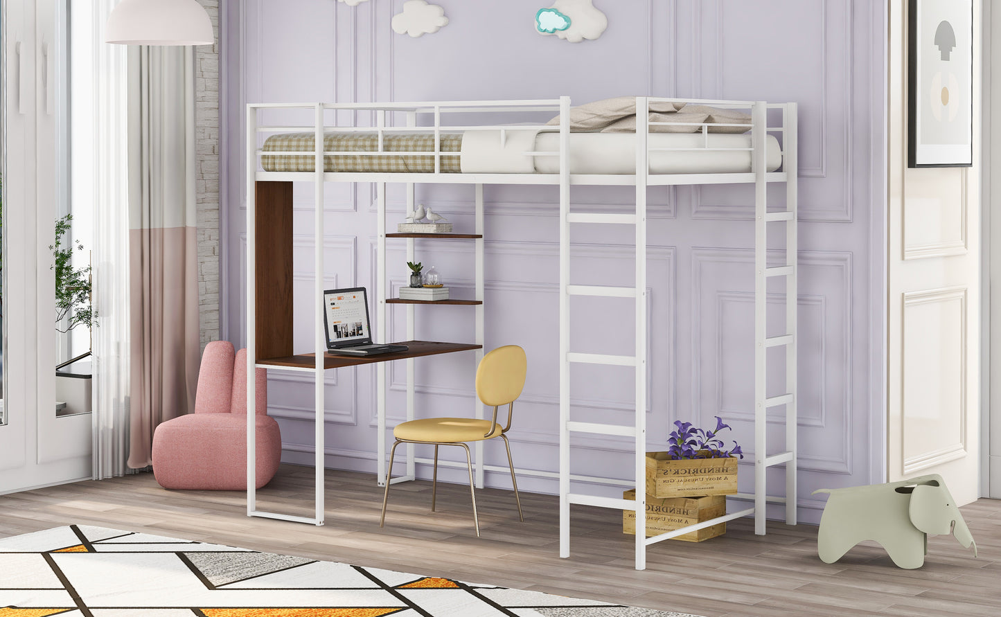 Twin Metal Loft Bed with 2 Shelves and one Desk ,WHITE(: MF281206AAK)