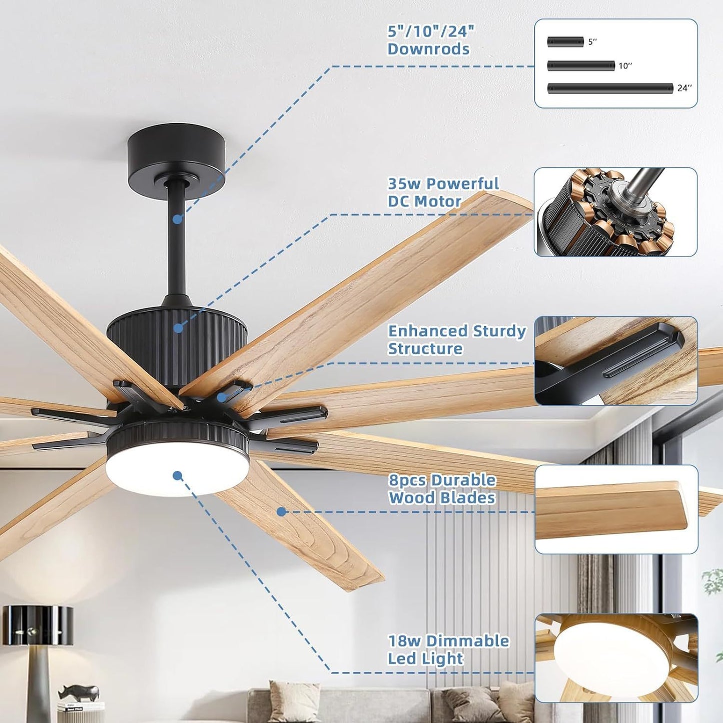 76-Inch Modern Ceiling Fan with Smart Control and Reversible Solid Wood Blades