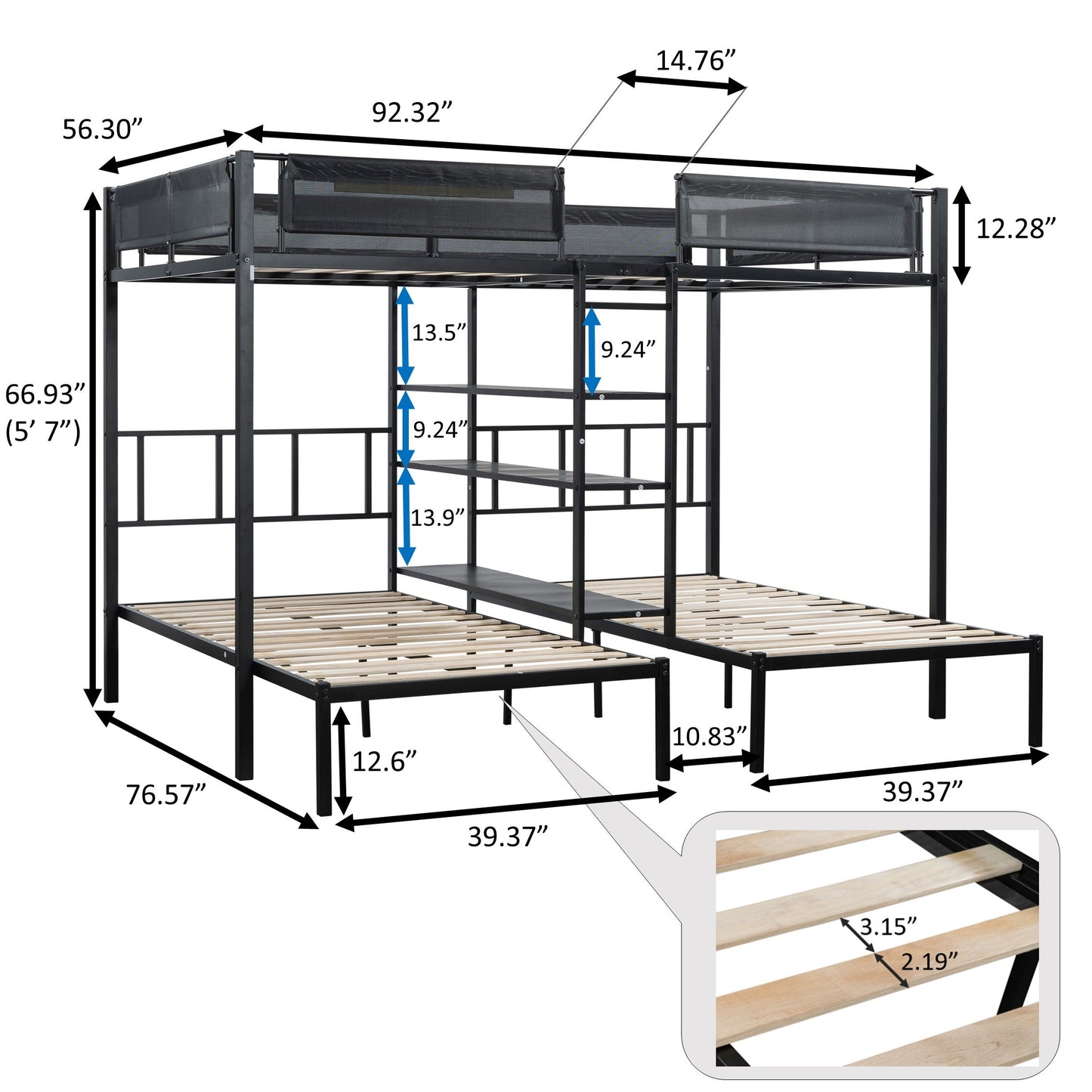 Metal Bunk Bed with Three Tiers Shelves