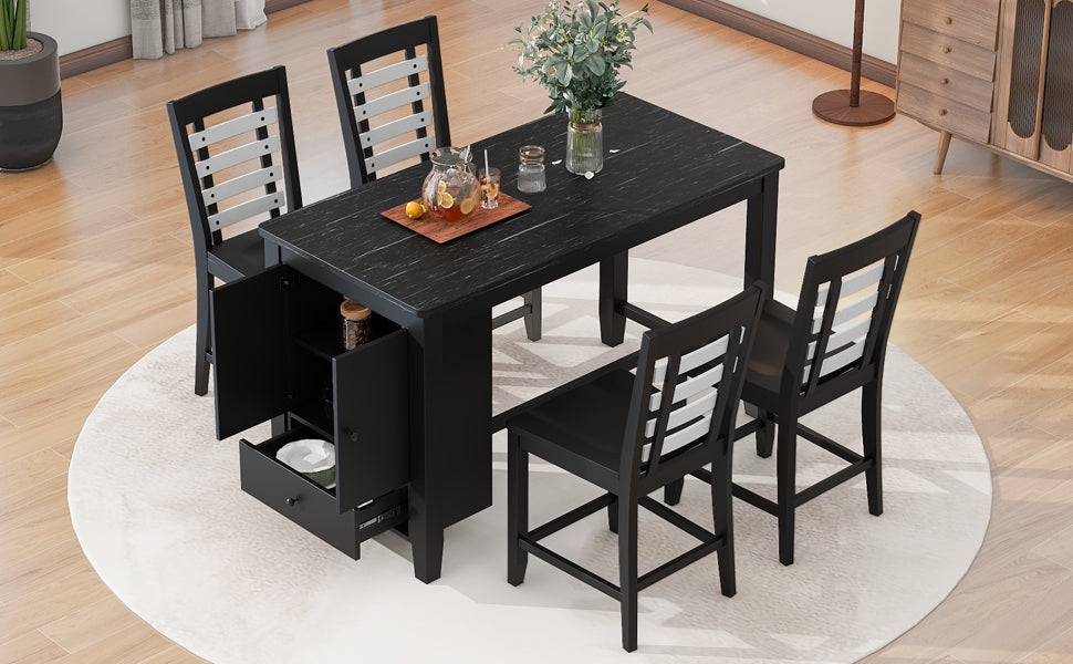 Counter Height 5-piece Dining Table Set with Faux Marble Tabletop, Solid Wood Table Set with Storage Cabinet and Drawer, Black