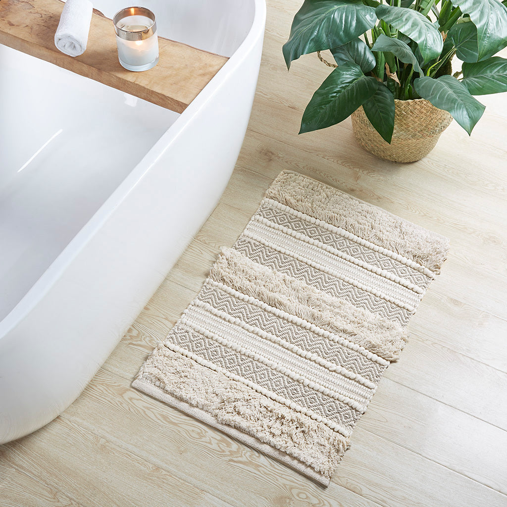 Boho Handwoven Stripe Bath Rug with Textured Natural Design