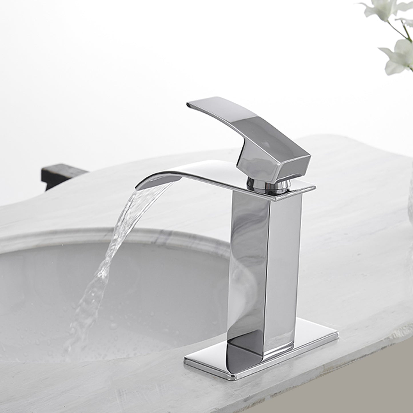 Chrome Waterfall Bathroom Faucet with Single-Handle Low-Arc Design